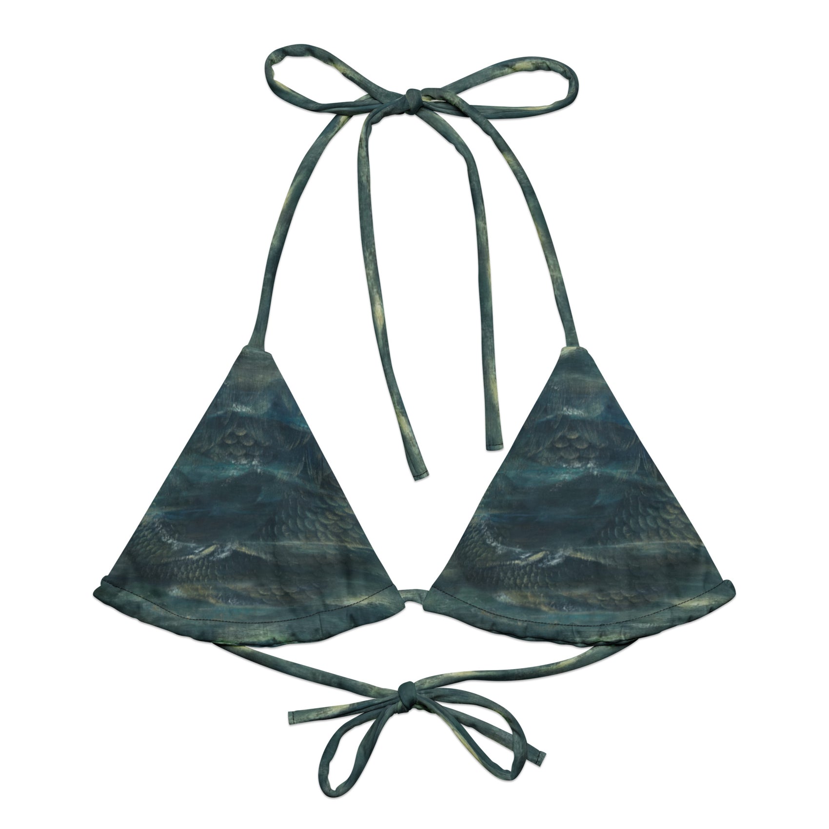 Sea What I Did There String Bikini Top featuring Simple hypnotic wave repeat in deep moody turquoise greens, drawn from a Victorian oil painting of the ocean, women’s string bikini top