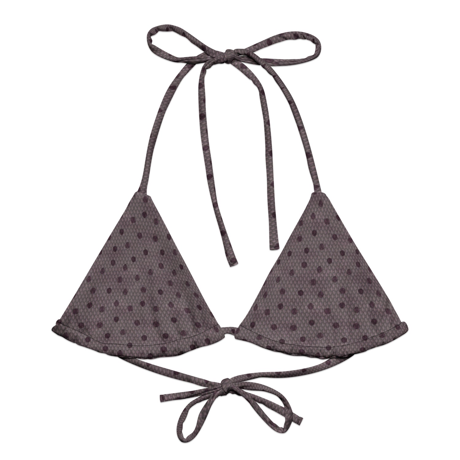 Scale The Seven Seas String Bikini Top featuring Bold all-over graphic fish scale repeat pattern in deep purple, taken from 18th century natural history engravings, women’s string bikini top
