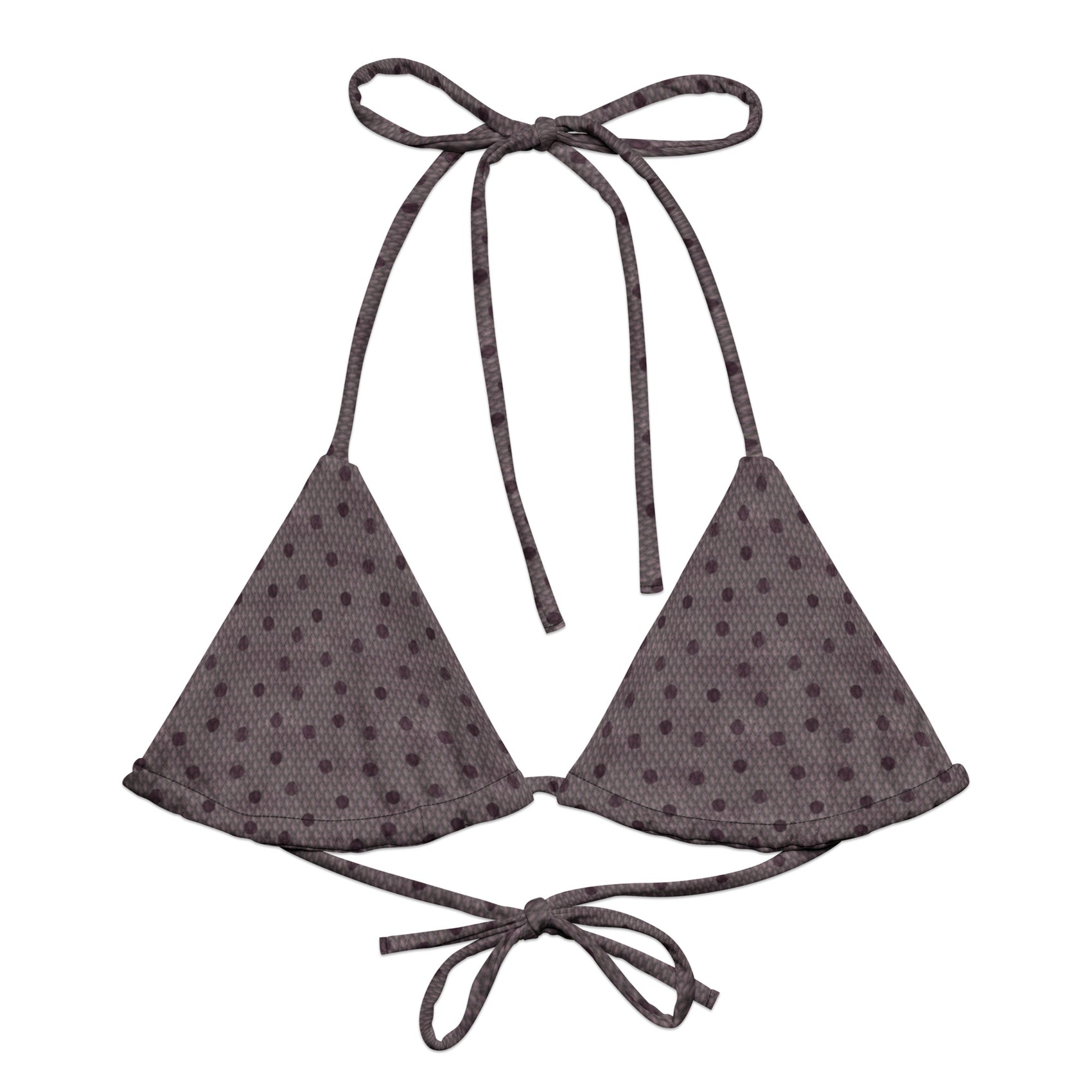 Scale The Seven Seas String Bikini Top featuring Bold all-over graphic fish scale repeat pattern in deep purple, taken from 18th century natural history engravings, women’s string bikini top