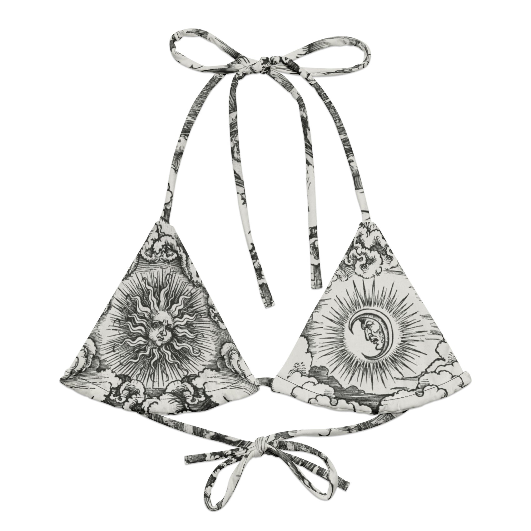 Doom With A View String Bikini Top featuring Dark dramatic repeat pattern merging two of Albrecht Dürer's powerful Northern Renaissance apocalyptic woodcut engravings from the late 1400s and early 1500s, women’s string bikini top