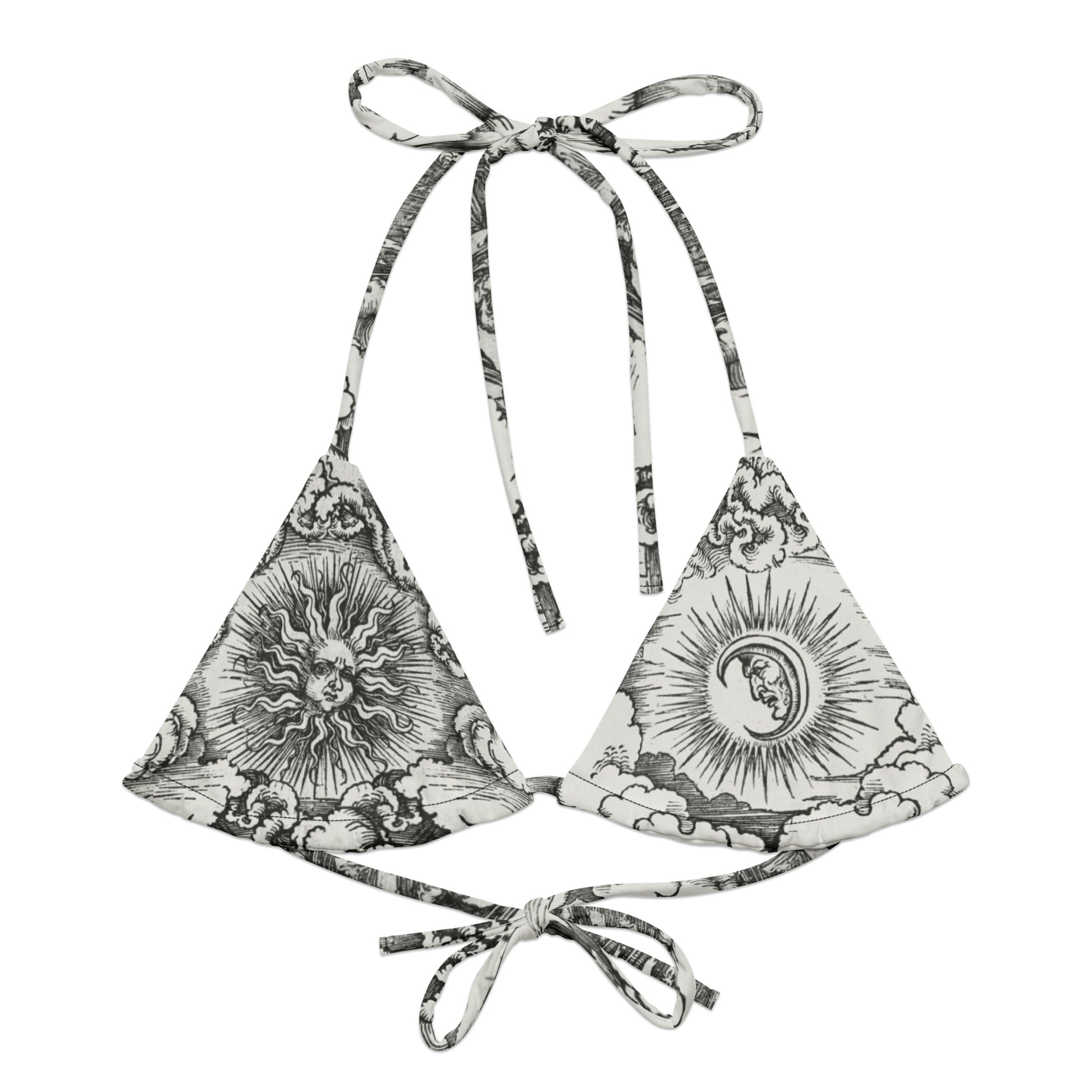 Doom With A View String Bikini Top featuring Dark dramatic repeat pattern merging two of Albrecht Dürer's powerful Northern Renaissance apocalyptic woodcut engravings from the late 1400s and early 1500s, women’s string bikini top