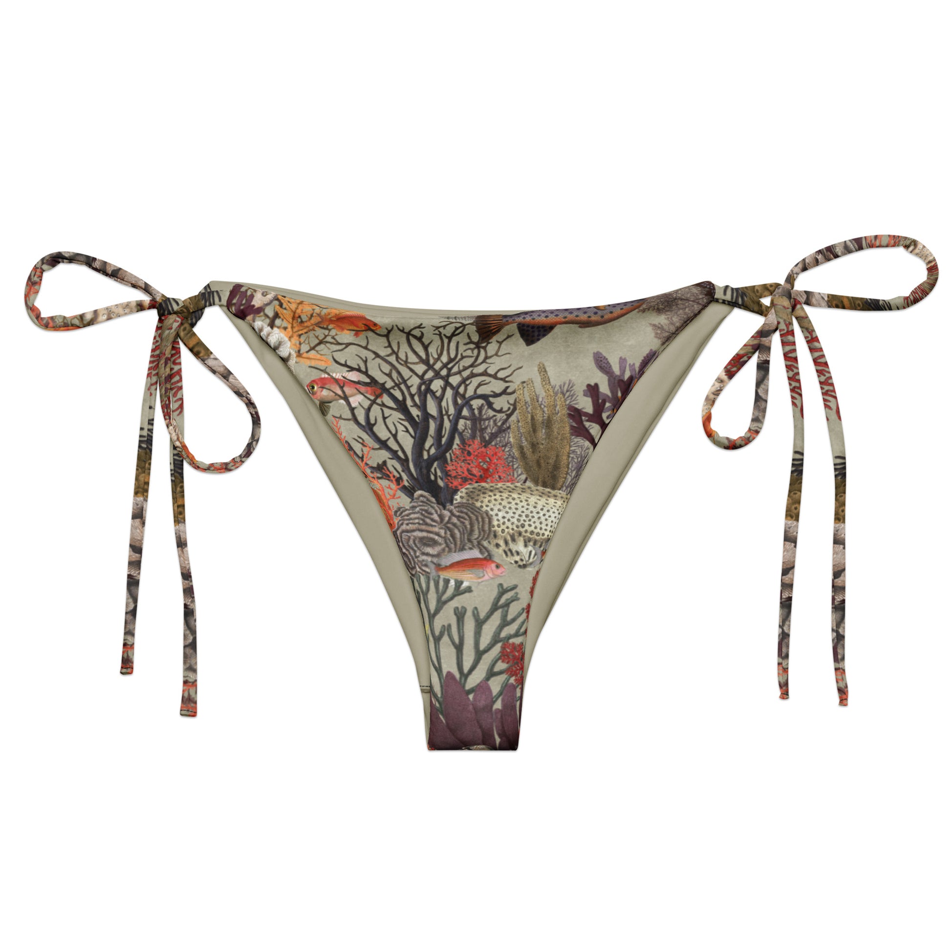 Kelp Calm And Coral On String Bikini Bottom featuring Moody brown background with layered Victorian marine engravings of coral, kelp and fish in deep purples, reds and burnt oranges, women’s string bikini bottom in vintage print