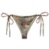 Kelp Calm And Coral On String Bikini Bottom featuring Moody brown background with layered Victorian marine engravings of coral, kelp and fish in deep purples, reds and burnt oranges, women’s string bikini bottom in vintage print