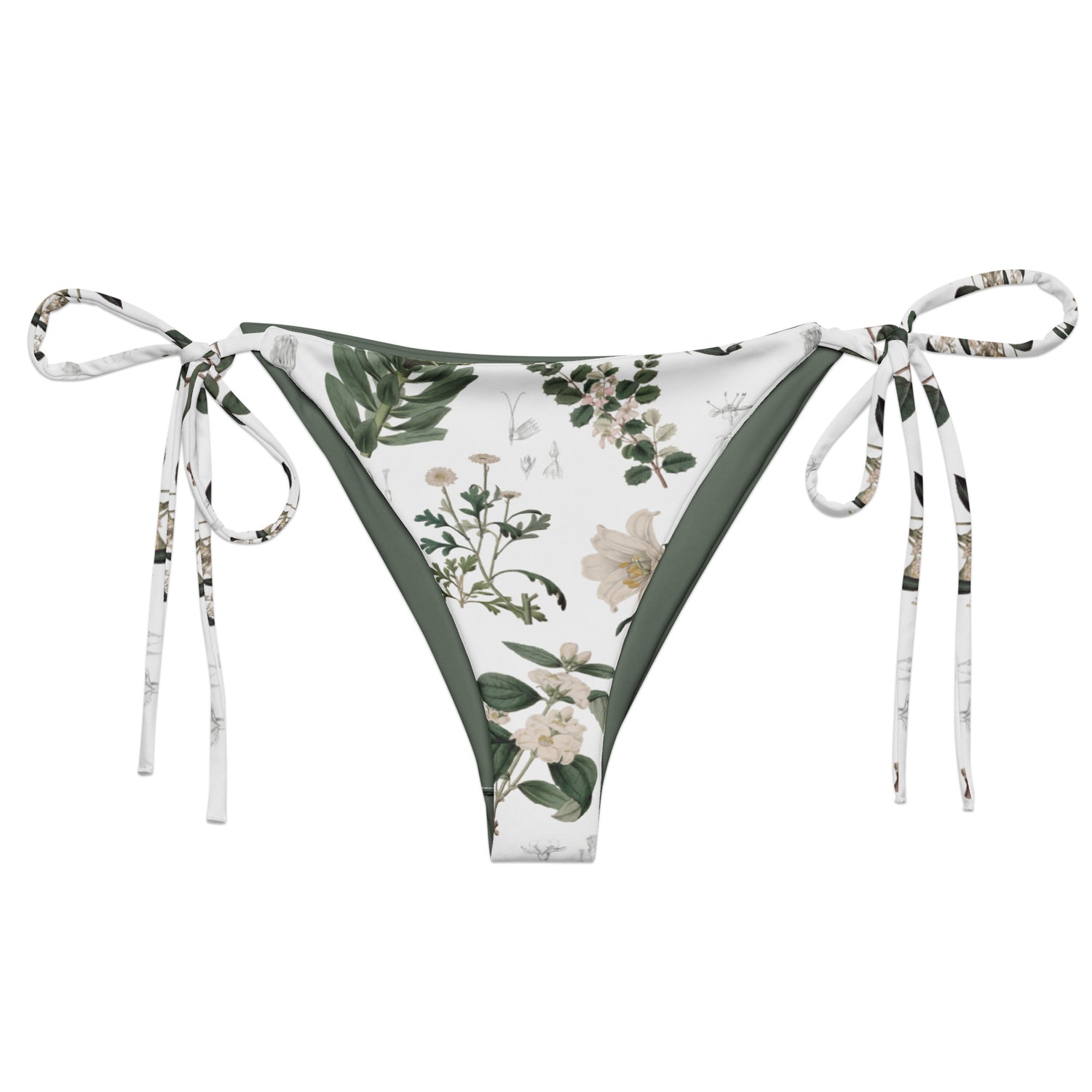 Botany + Clyde String Bikini Bottom featuring Clean white and green botanical engraving print featuring hand coloured white flowering plants from early 1800s Great Britain in a fresh, peaceful style, women’s string bikini bottom in vintage print
