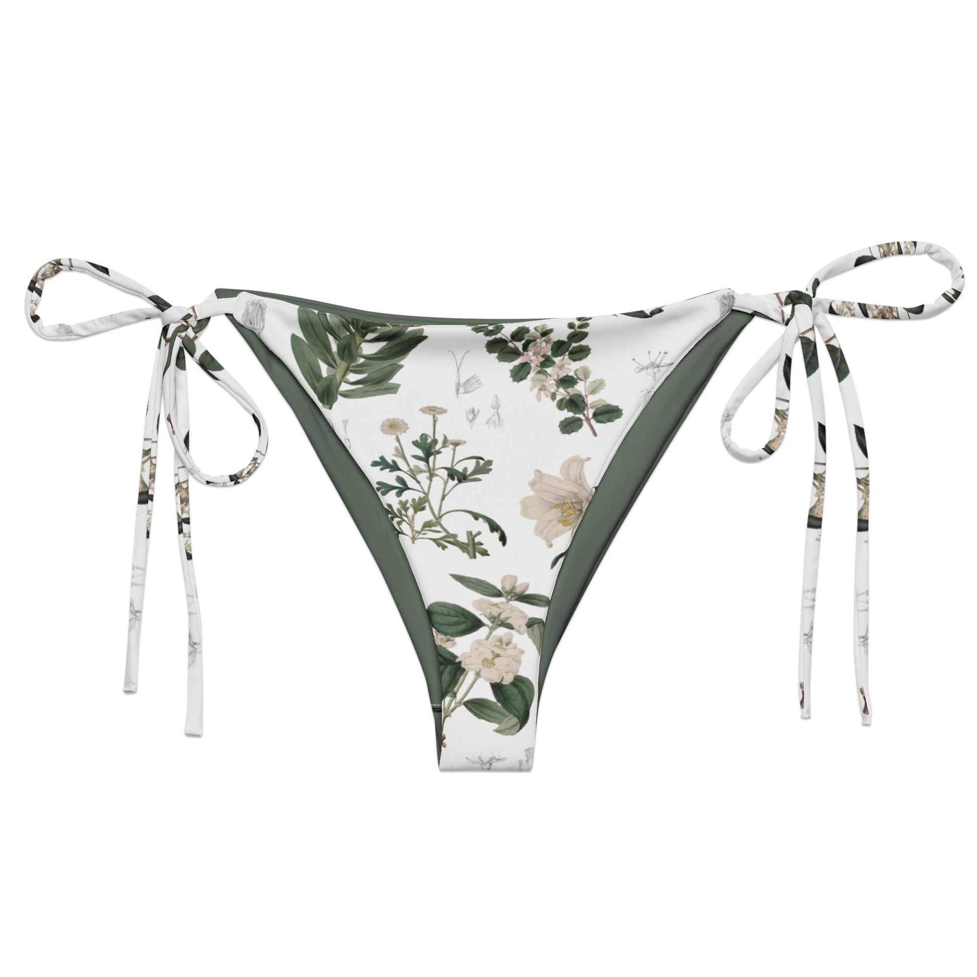 Botany + Clyde String Bikini Bottom featuring Clean white and green botanical engraving print featuring hand coloured white flowering plants from early 1800s Great Britain in a fresh, peaceful style, women’s string bikini bottom in vintage print
