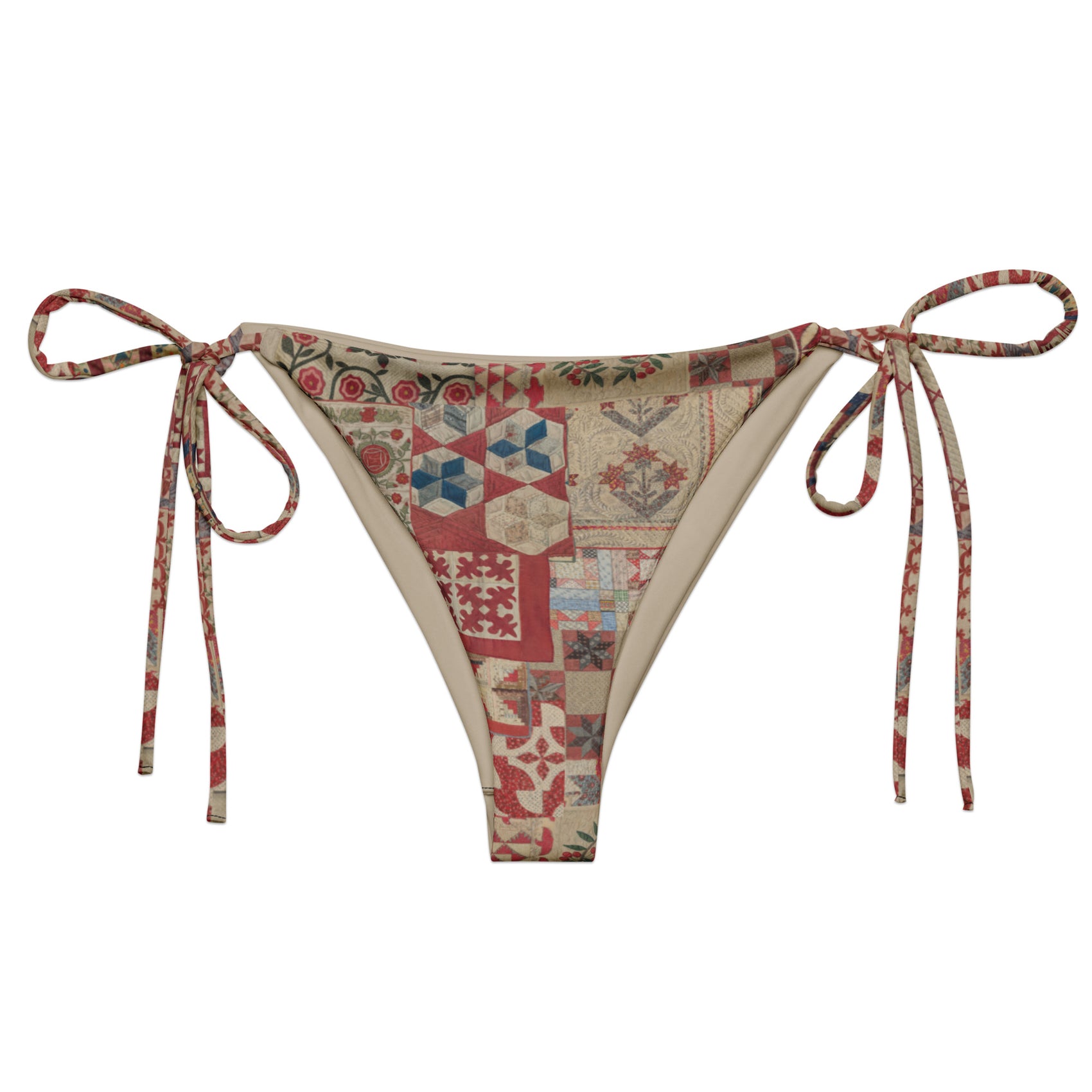 Quilt While You Are Ahead String Bikini Bottom featuring Rich patchwork repeat pattern in deep reds, blues and warm creams, adapted from 1930s American watercolour documentation of traditional folk quilts, women’s string bikini bottom
