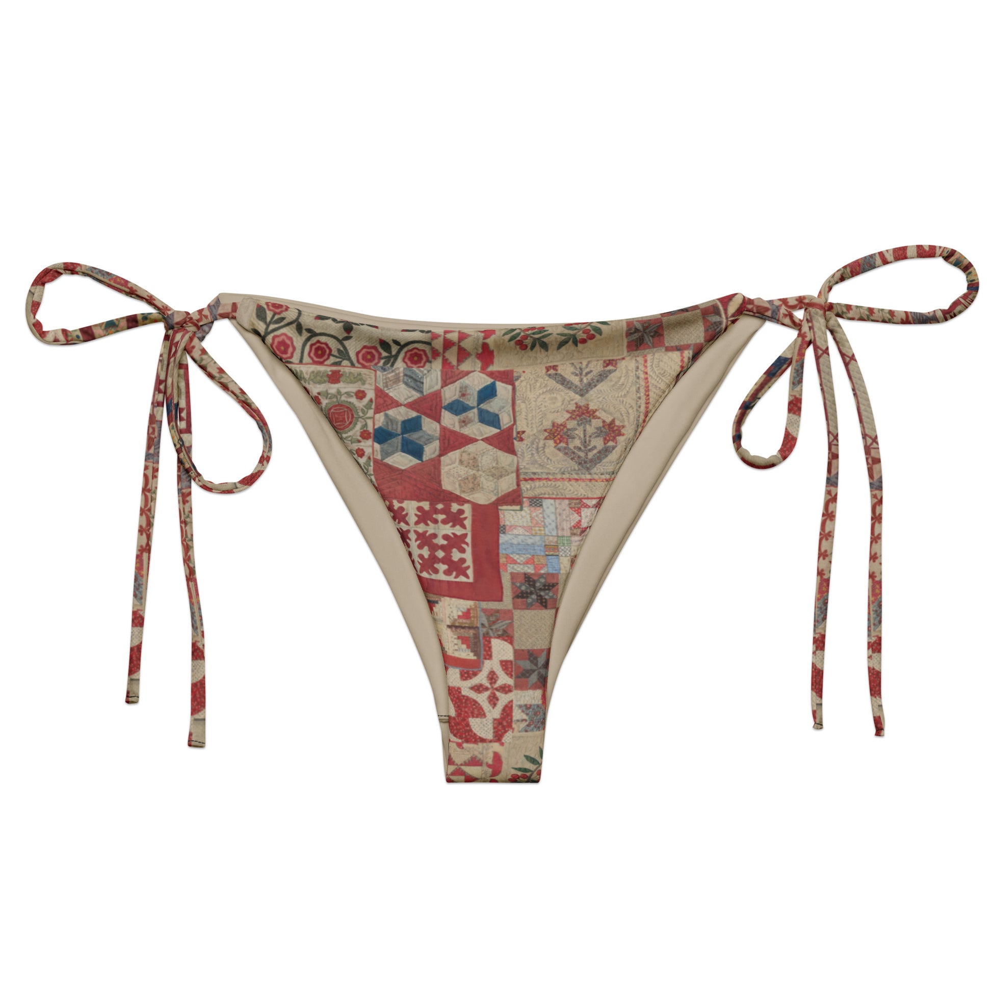 Quilt While You Are Ahead String Bikini Bottom featuring Rich patchwork repeat pattern in deep reds, blues and warm creams, adapted from 1930s American watercolour documentation of traditional folk quilts, women’s string bikini bottom