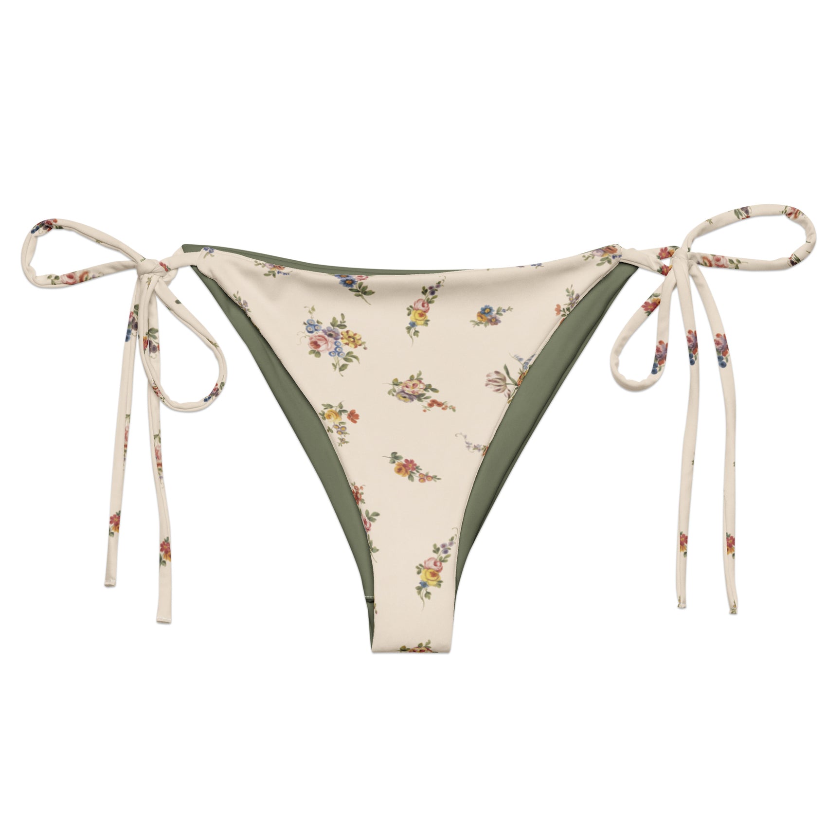 I Lilac You A Lot String Bikini Bottom featuring Soft cream background with delicate romantic floral motifs taken from 18th century French porcelain designs in gentle pinks, mauves and lilacs, women’s string bikini bottom