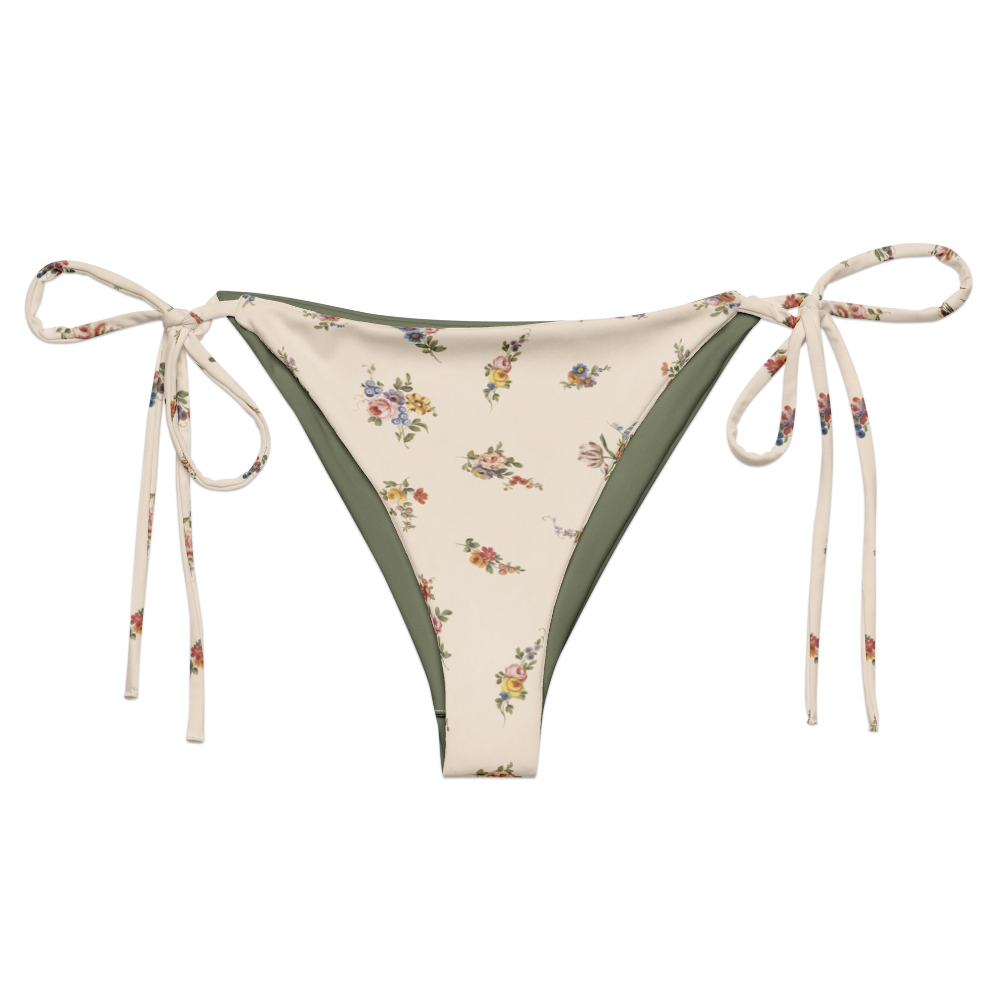 I Lilac You A Lot String Bikini Bottom featuring Soft cream background with delicate romantic floral motifs taken from 18th century French porcelain designs in gentle pinks, mauves and lilacs, women’s string bikini bottom