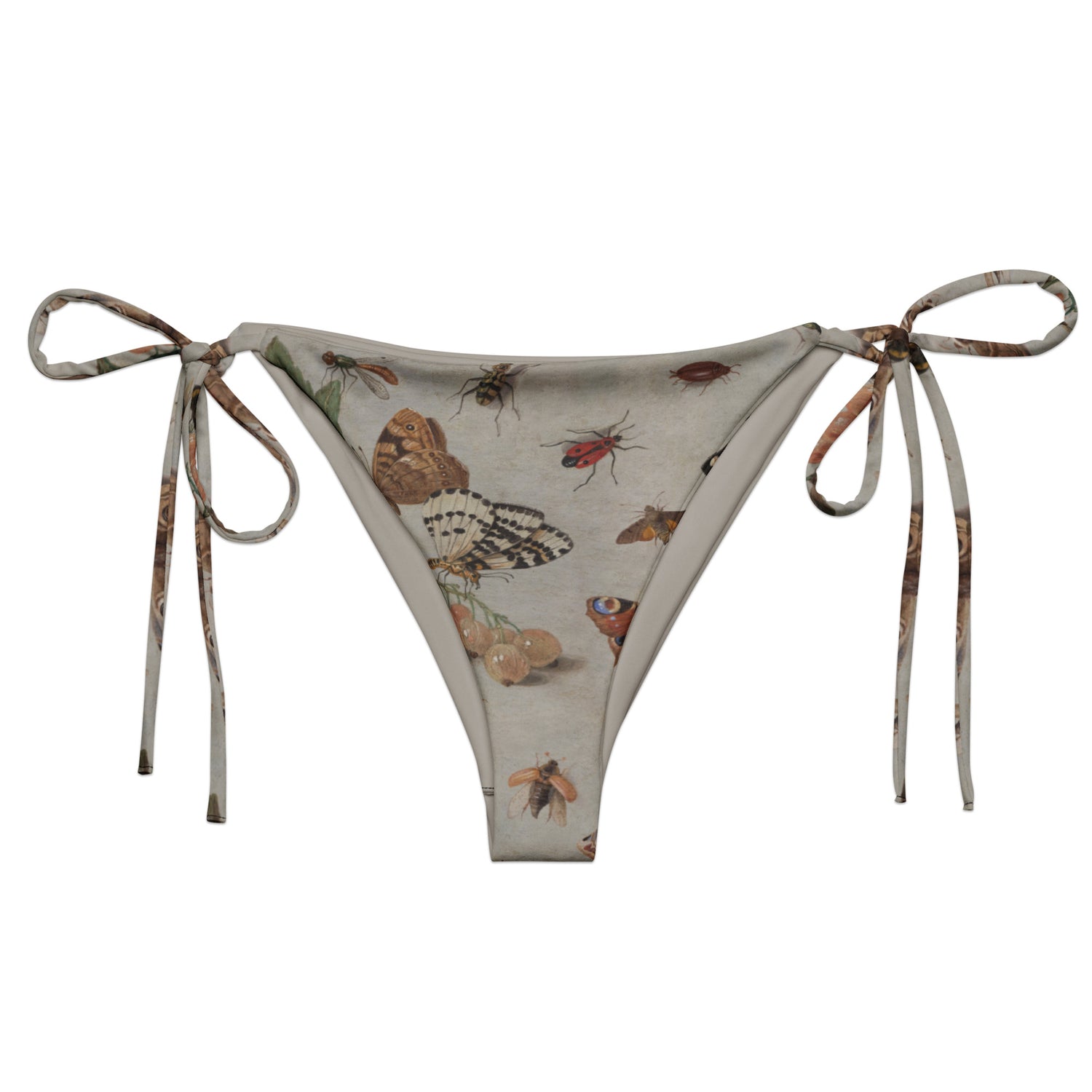 Moth'ly Crew String Bikini Bottom featuring Warm cream background with a detailed 17th century Flemish copper plate still life of white currants, moths and insects in browns, oranges and hints of red and green, women’s string bikini bottom
