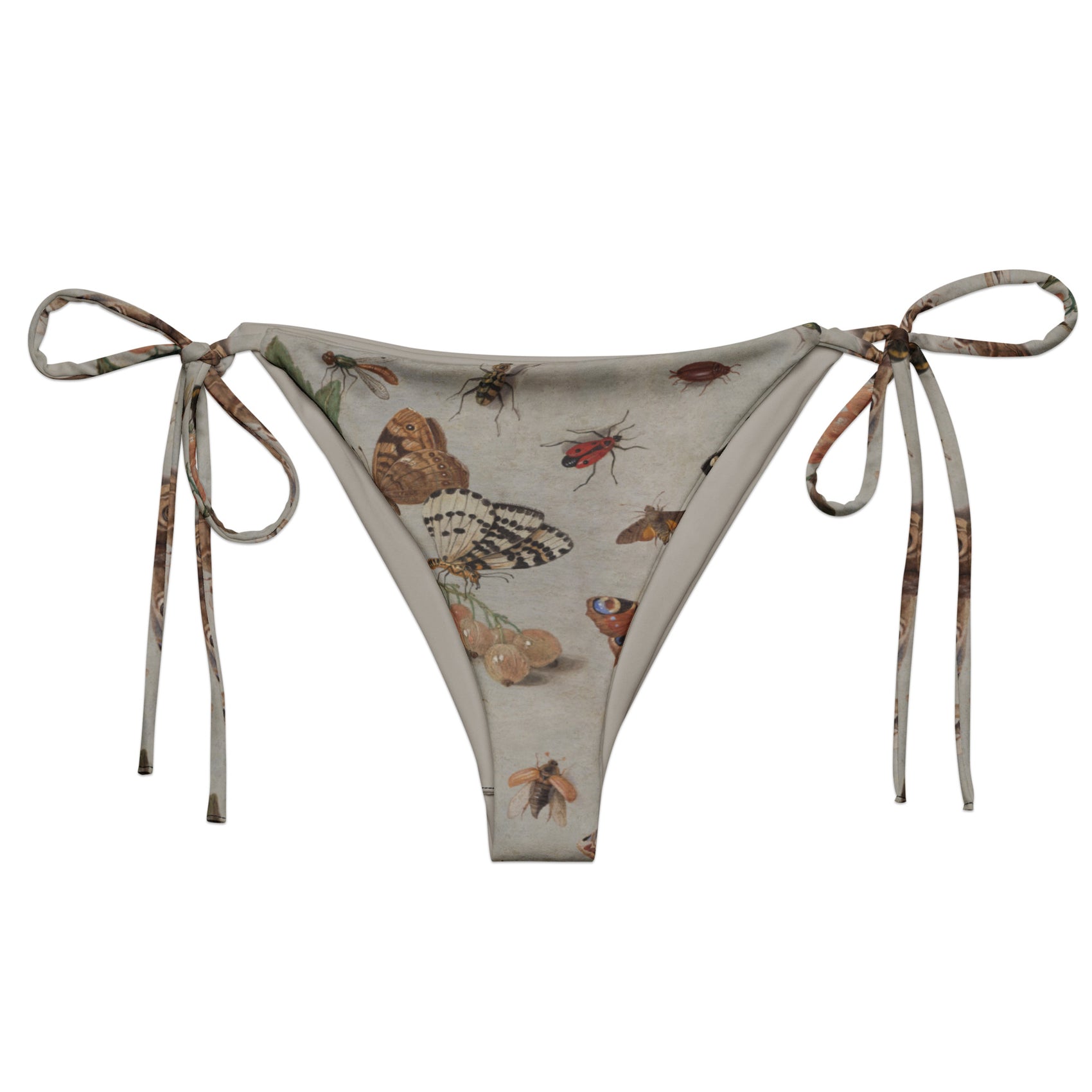 Moth'ly Crew String Bikini Bottom featuring Warm cream background with a detailed 17th century Flemish copper plate still life of white currants, moths and insects in browns, oranges and hints of red and green, women’s string bikini bottom