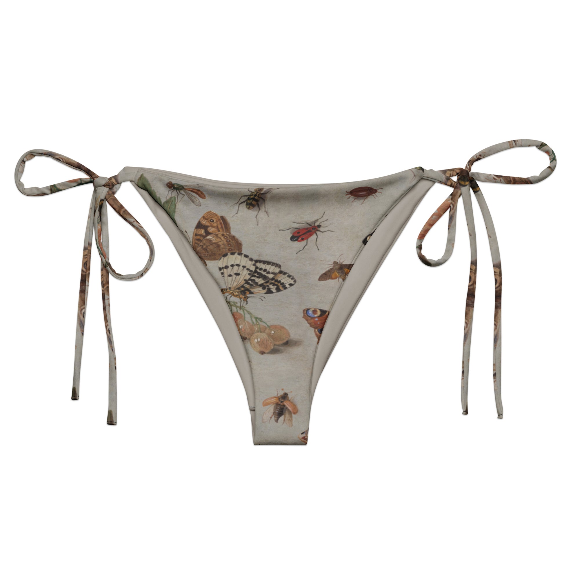 Moth'ly Crew String Bikini Bottom featuring Warm cream background with a detailed 17th century Flemish copper plate still life of white currants, moths and insects in browns, oranges and hints of red and green, women’s string bikini bottom