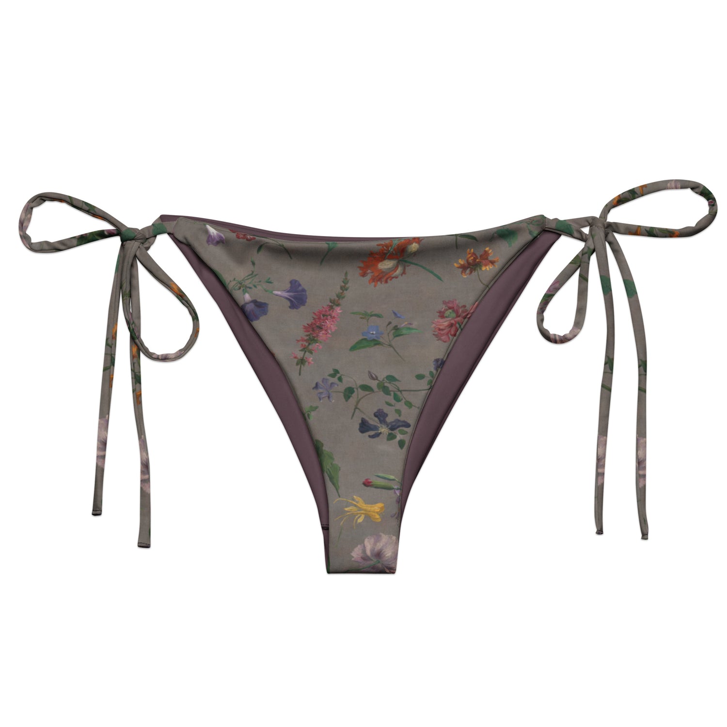 What In Carnation String Bikini Bottom featuring Dark moody background with vibrant wild botanical oil painting illustrations of poppies, morning glories and carnations in rich, dramatic colours, women’s string bikini bottom