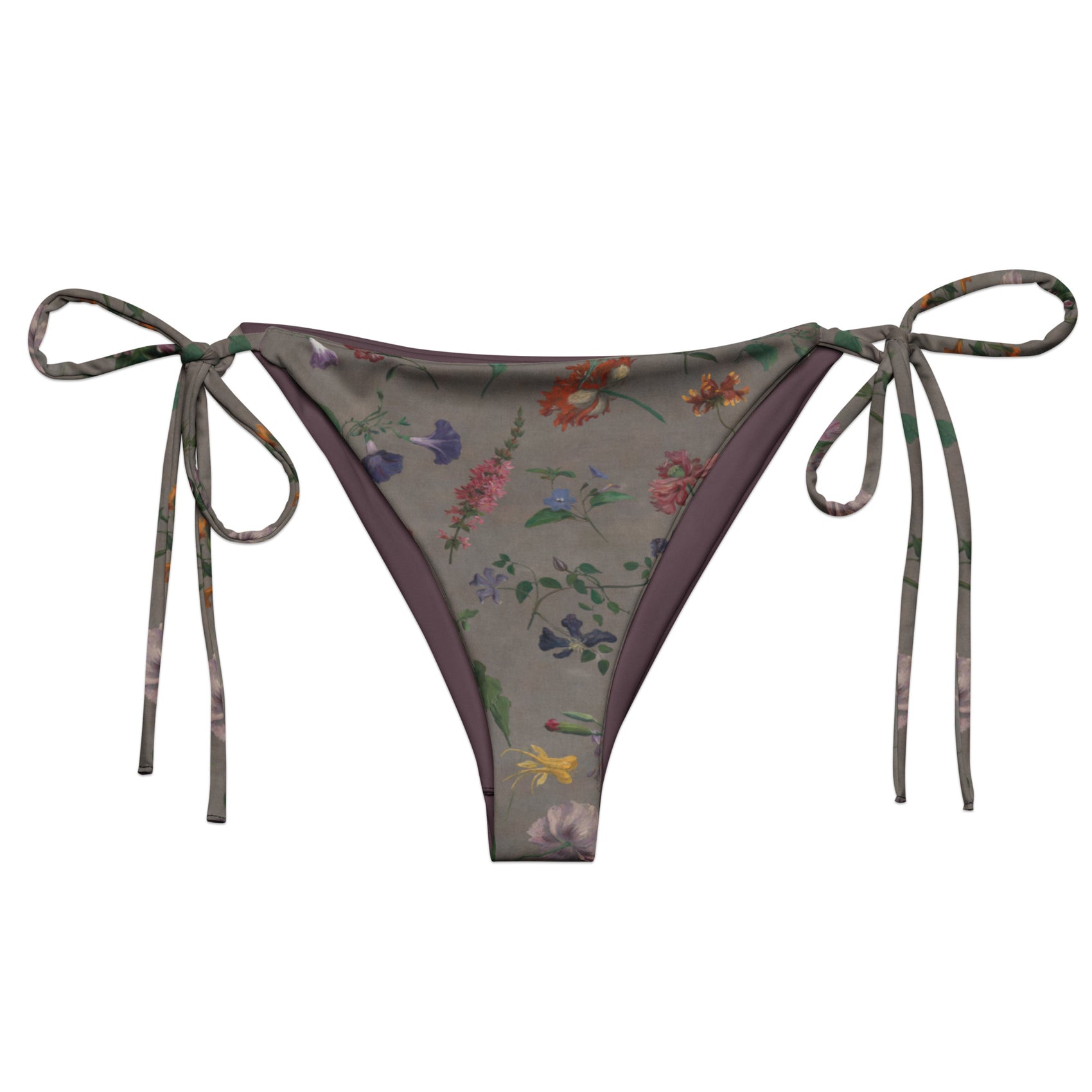 What In Carnation String Bikini Bottom featuring Dark moody background with vibrant wild botanical oil painting illustrations of poppies, morning glories and carnations in rich, dramatic colours, women’s string bikini bottom