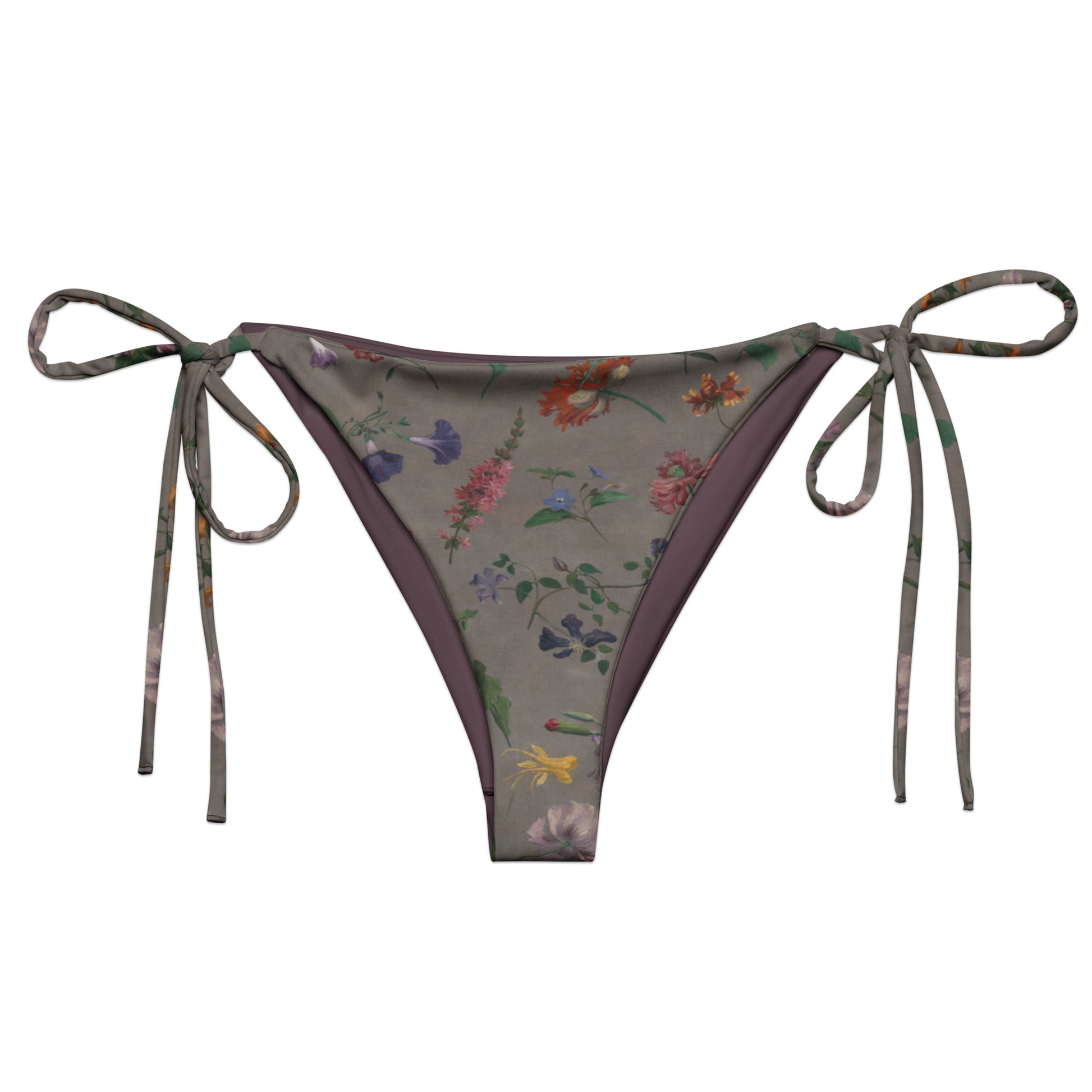 What In Carnation String Bikini Bottom featuring Dark moody background with vibrant wild botanical oil painting illustrations of poppies, morning glories and carnations in rich, dramatic colours, women’s string bikini bottom