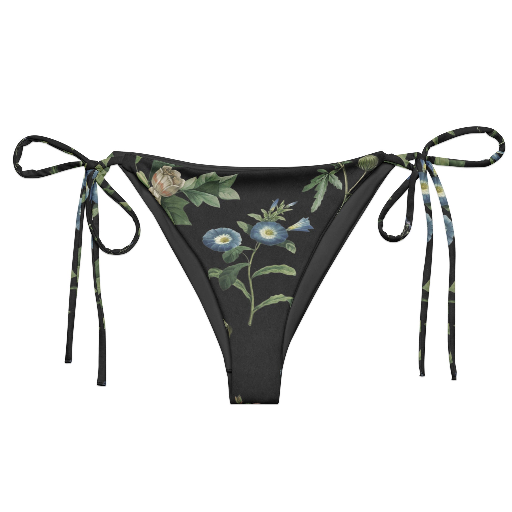 I Beg Your Garden Blue String Bikini Bottom featuring Striking black background with curated blue and white botanical illustrations by Pierre-Joseph Redouté, the celebrated 19th century court botanical painter, women’s string bikini bottom
