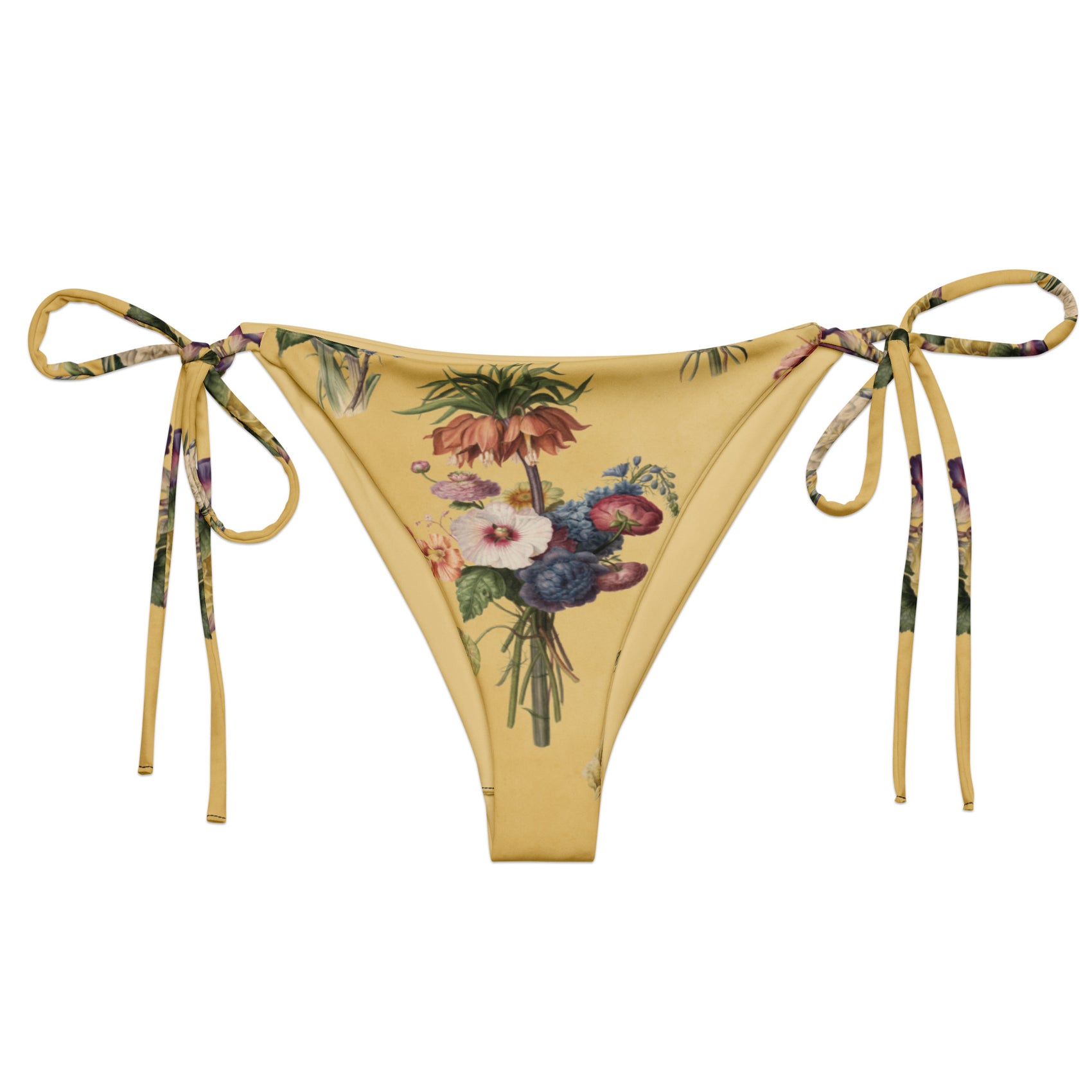 Let's Do Bunch! String Bikini Bottom featuring Warm butter yellow background with abundant, richly coloured Dutch Master watercolour floral bouquets in a joyful, overflowing repeat pattern, women’s string bikini bottom