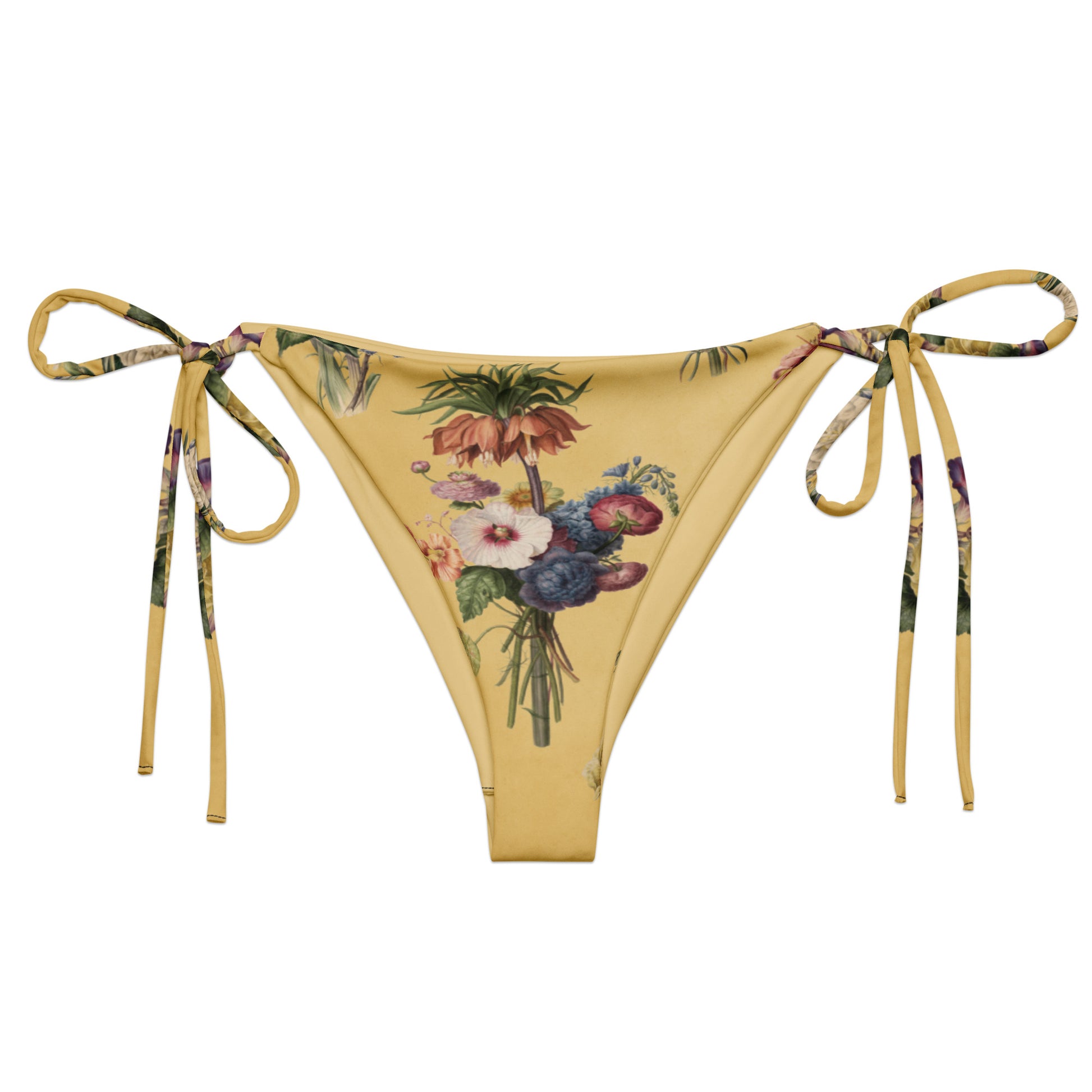 Let's Do Bunch! String Bikini Bottom featuring Warm butter yellow background with abundant, richly coloured Dutch Master watercolour floral bouquets in a joyful, overflowing repeat pattern, women’s string bikini bottom