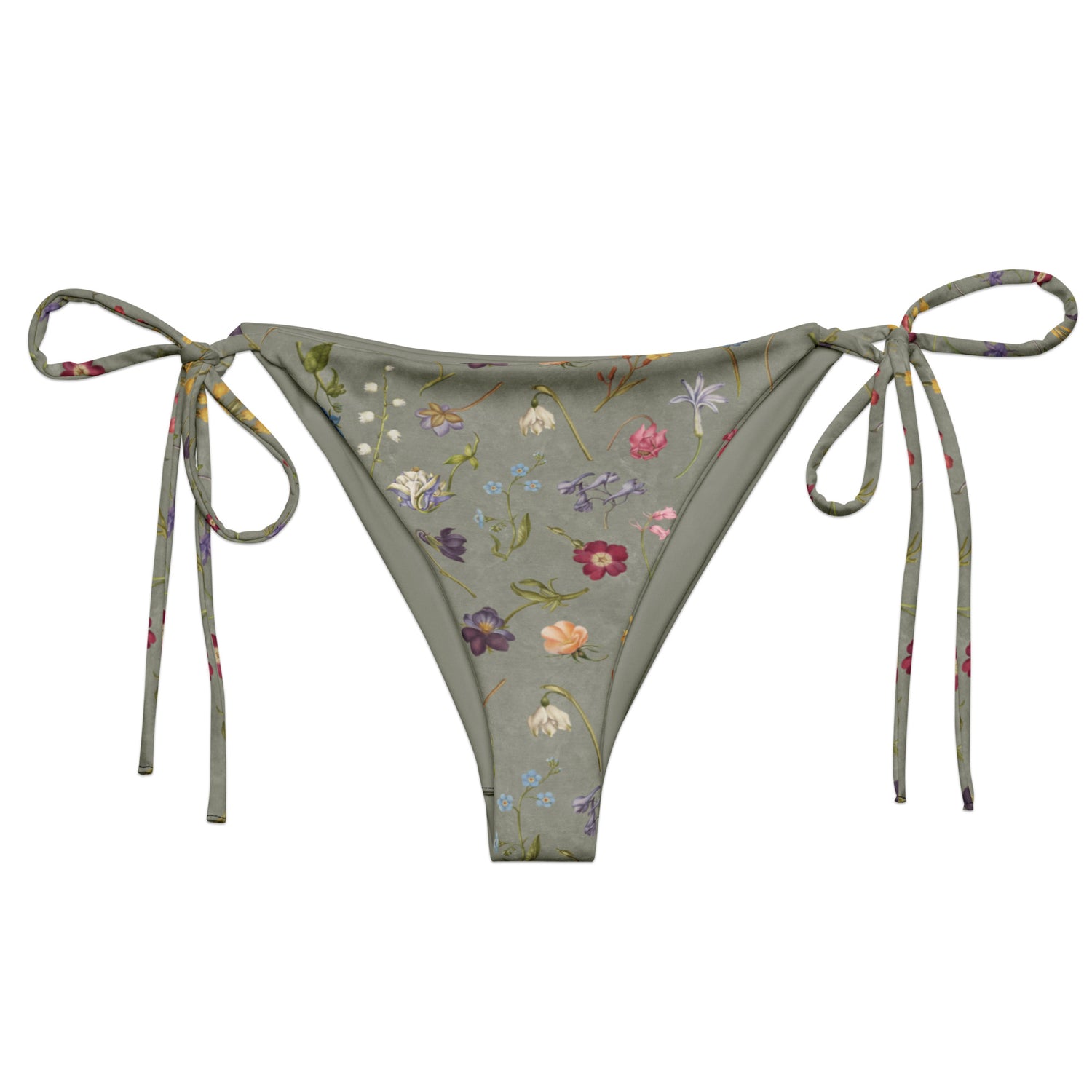 Hibis-Kiss Me String Bikini Bottom featuring Moody pale blue background with jewel-bright painted flower specimens from a 16th century Flemish illuminated manuscript in rich, vivid colours, women’s string bikini bottom