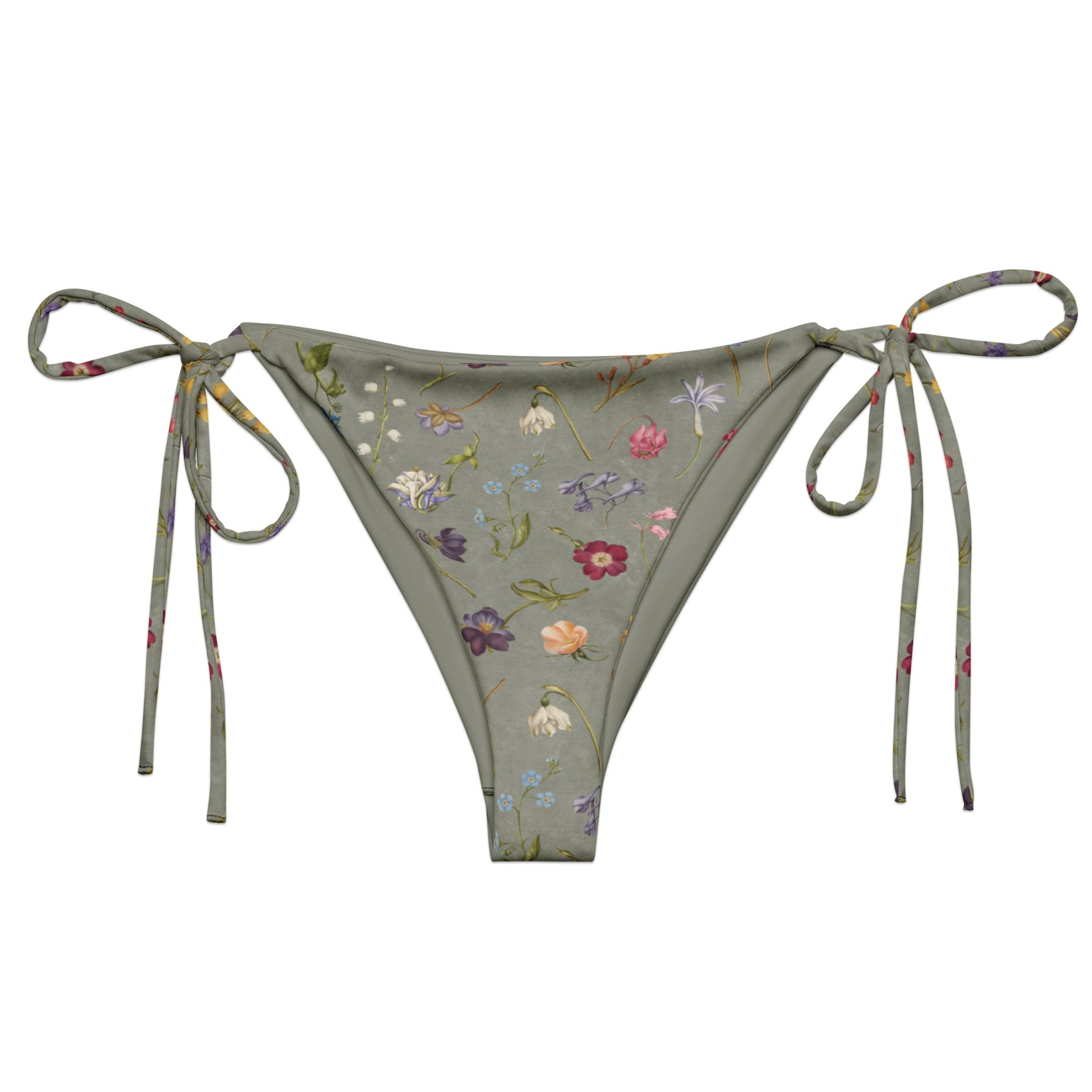 Hibis-Kiss Me String Bikini Bottom featuring Moody pale blue background with jewel-bright painted flower specimens from a 16th century Flemish illuminated manuscript in rich, vivid colours, women’s string bikini bottom