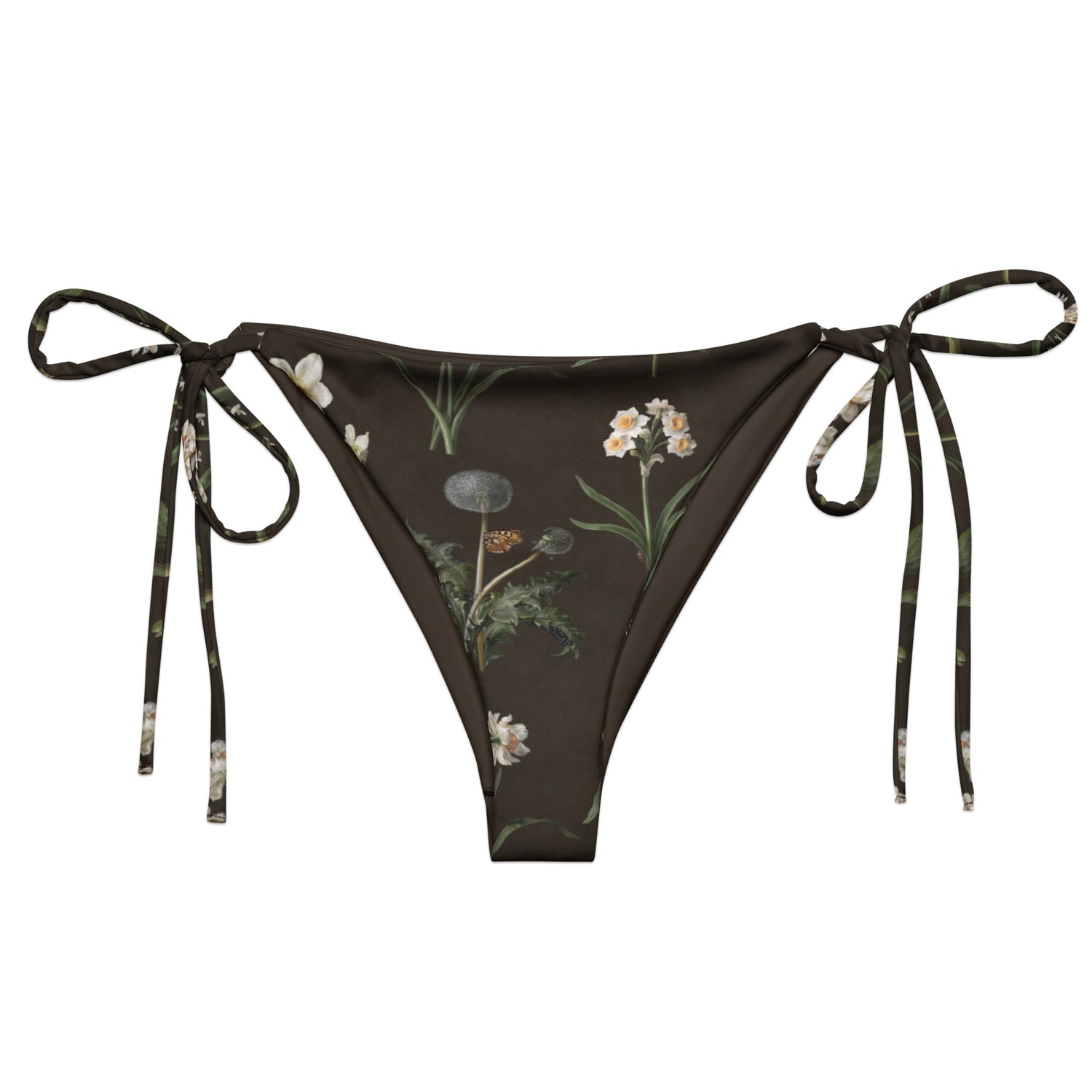 Wild At Hort String Bikini Bottom featuring Deep dark brown background with precise, luminous white botanical specimen illustrations including a delicate dandelion seed head, in a hushed and contemplative style, women’s string bikini bottom