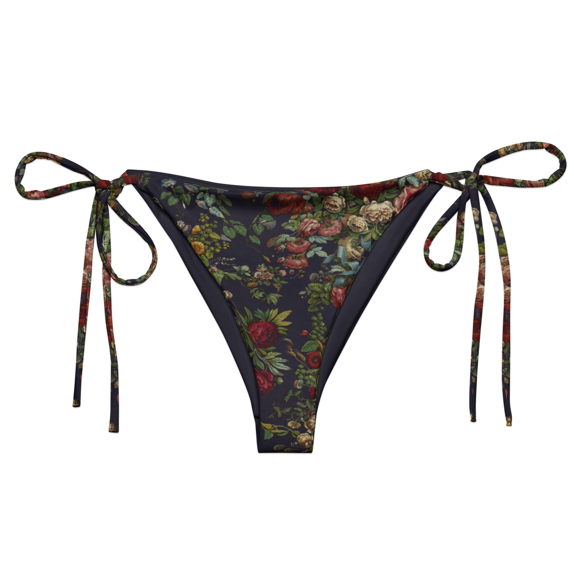 Stop and Smell The Roses String Bikini Bottom featuring Rich deep indigo background with tumbling opulent cabbage roses in reds and pinks with a delicate blue ribbon detail, adapted from mid 1800s Chintz, women’s string bikini bottom
