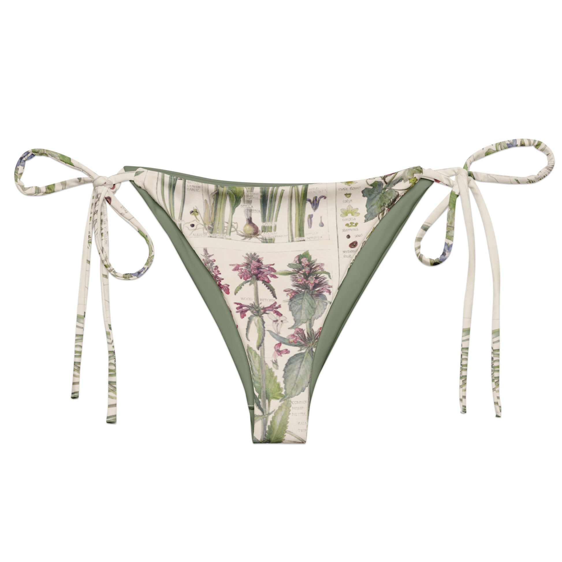 Wild About You String Bikini Bottom featuring Clean white background with soft, romantic wildflower botanical illustrations in gentle pinks and mauves from an early 1900s British Arts and Crafts publication, women’s string bikini bottom