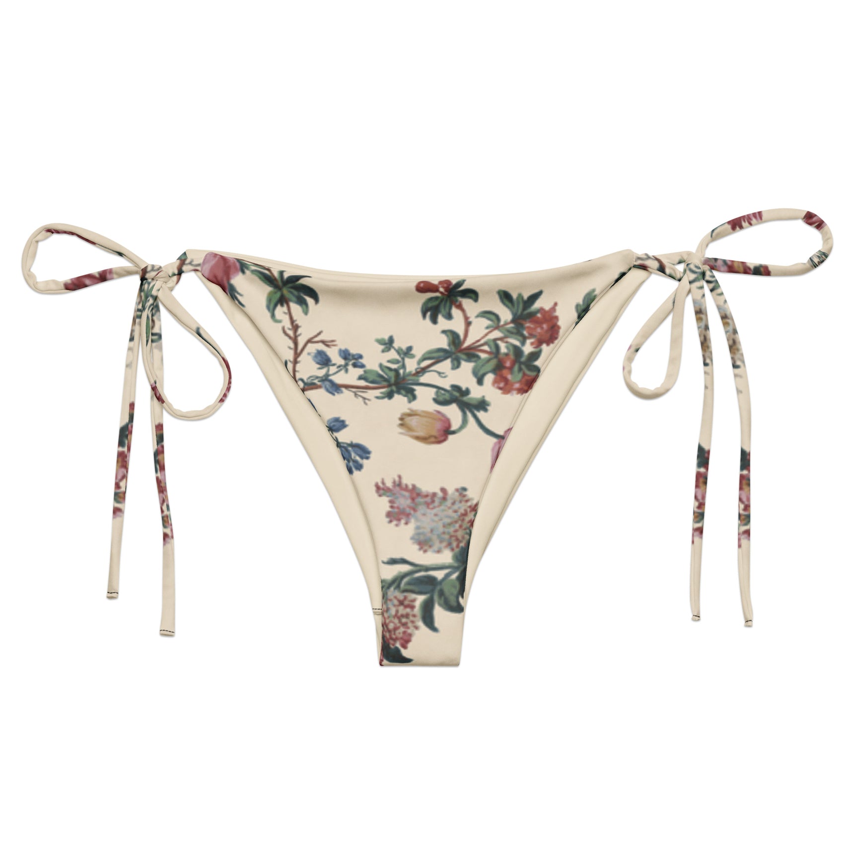 Bud-ding Romance in Cream String Bikini Bottom featuring Warm cream background with trailing pink roses and blue morning glory on a vine, taken from a 1790 French woodblock printed wallpaper, women’s string bikini bottom