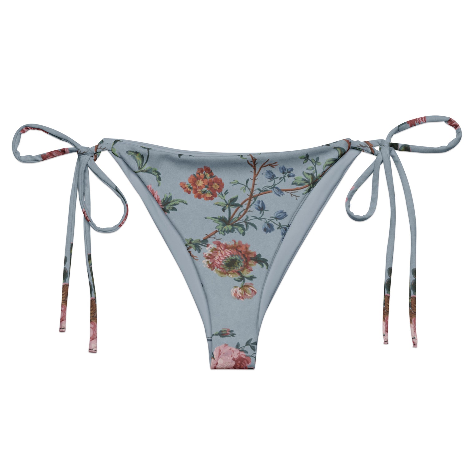 Bud-ding Romance in Blue String Bikini Bottom featuring Dreamy blue background with trailing pink roses and blue morning glory on a vine, taken from a 1790 French woodblock printed wallpaper, women’s string bikini bottom