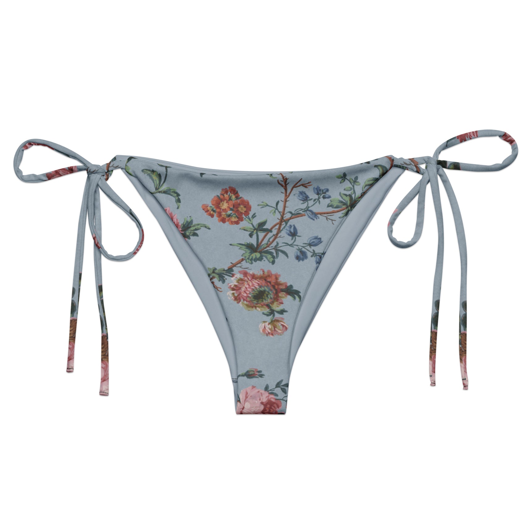 Bud-ding Romance in Blue String Bikini Bottom featuring Dreamy blue background with trailing pink roses and blue morning glory on a vine, taken from a 1790 French woodblock printed wallpaper, women’s string bikini bottom