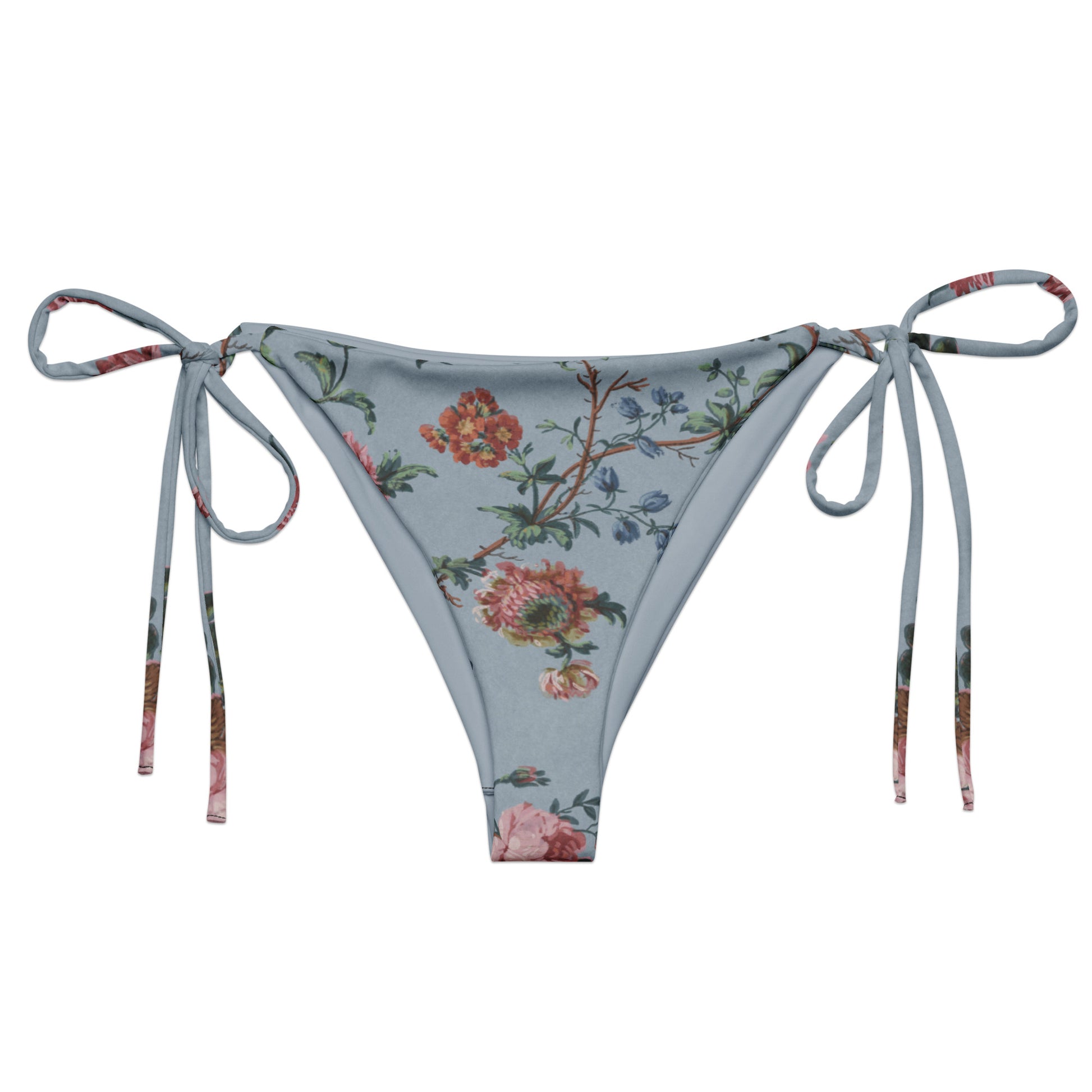 Bud-ding Romance in Blue String Bikini Bottom featuring Dreamy blue background with trailing pink roses and blue morning glory on a vine, taken from a 1790 French woodblock printed wallpaper, women’s string bikini bottom