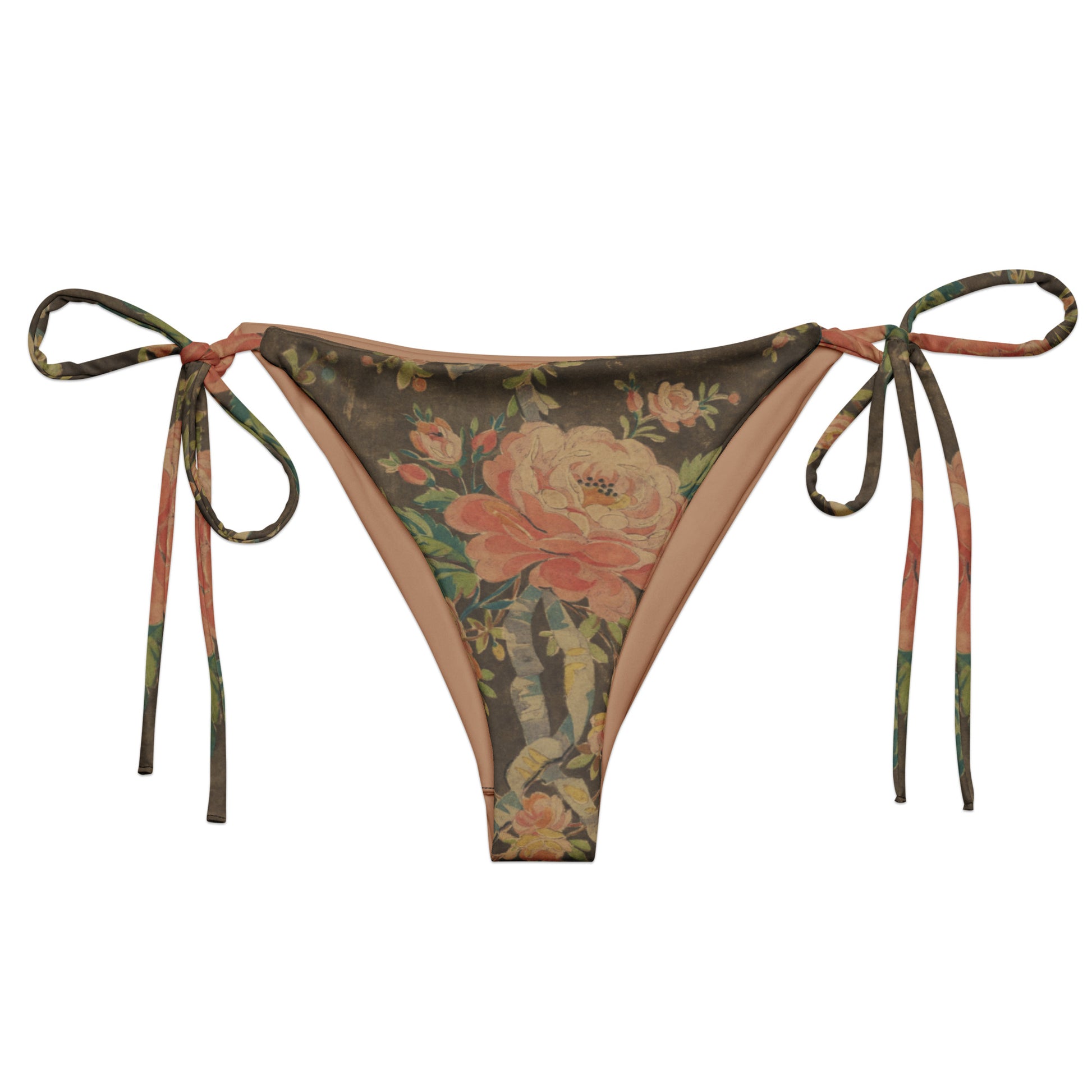 Everything's Coming Up Roses String Bikini Bottom featuring Rich brown background with trailing pink roses and a delicate blue ribbon border design, adapted from a 1780 French decorative watercolour, women’s string bikini bottom