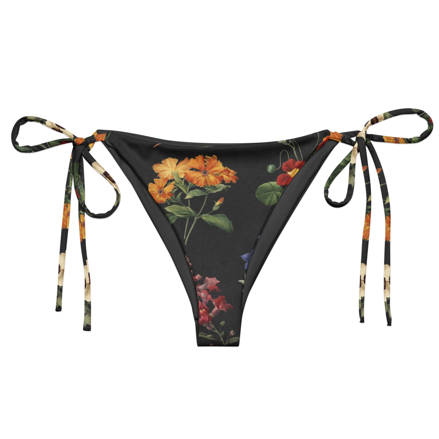 I Beg Your Garden String Bikini Bottom featuring Bold black background with the full rich colour palette of Pierre-Joseph Redouté's celebrated 19th century royal botanical illustrations in jewel-bright tones, women’s string bikini bottom