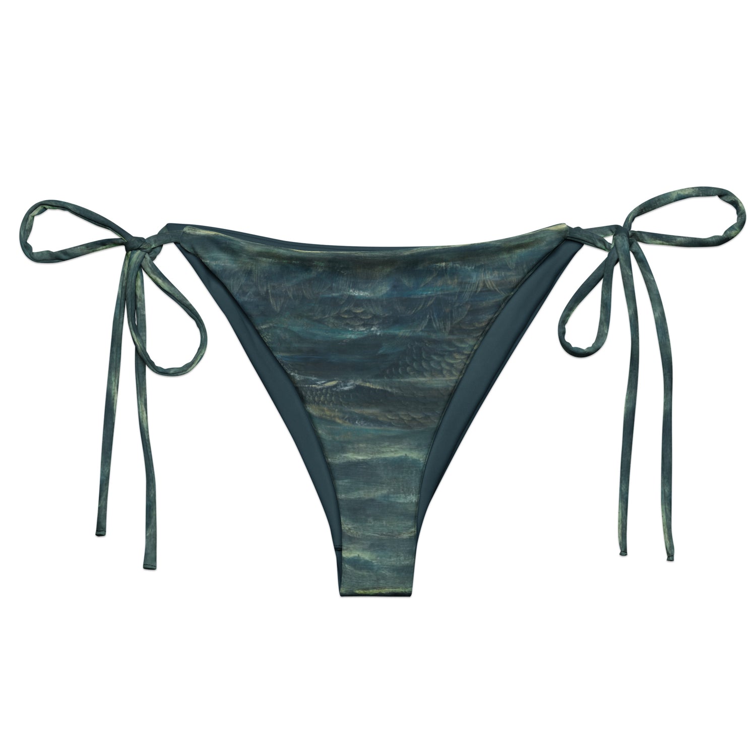 Sea What I Did There String Bikini Bottom featuring Simple hypnotic wave repeat in deep moody turquoise greens, drawn from a Victorian oil painting of the ocean, women’s string bikini bottom