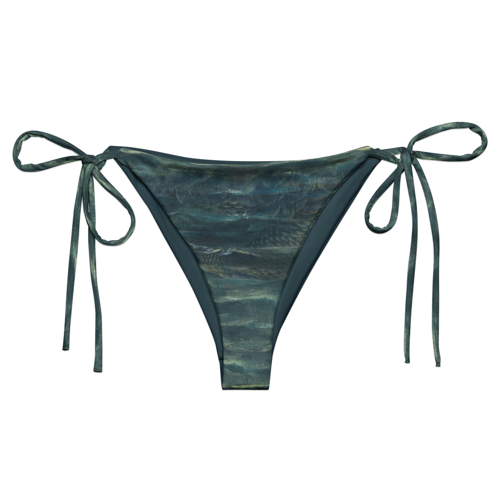 Sea What I Did There String Bikini Bottom featuring Simple hypnotic wave repeat in deep moody turquoise greens, drawn from a Victorian oil painting of the ocean, women’s string bikini bottom