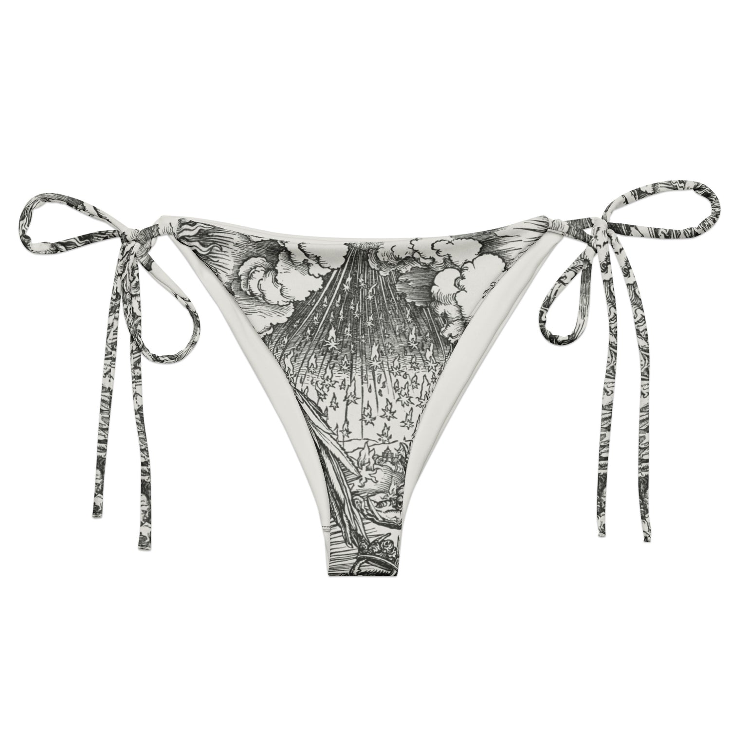 Doom With A View String Bikini Bottom featuring Dark dramatic repeat pattern merging two of Albrecht Dürer's powerful Northern Renaissance apocalyptic woodcut engravings from the late 1400s and early 1500s, women’s string bikini bottom