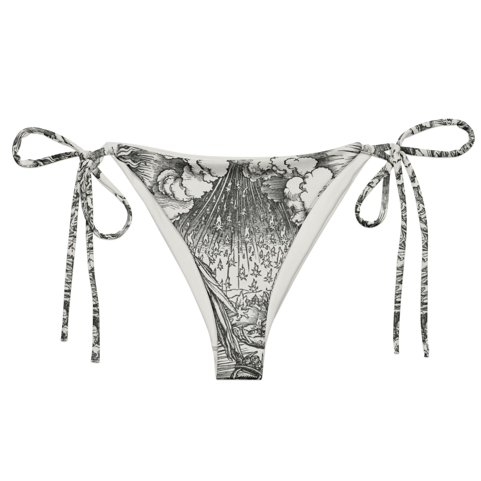 Doom With A View String Bikini Bottom featuring Dark dramatic repeat pattern merging two of Albrecht Dürer's powerful Northern Renaissance apocalyptic woodcut engravings from the late 1400s and early 1500s, women’s string bikini bottom