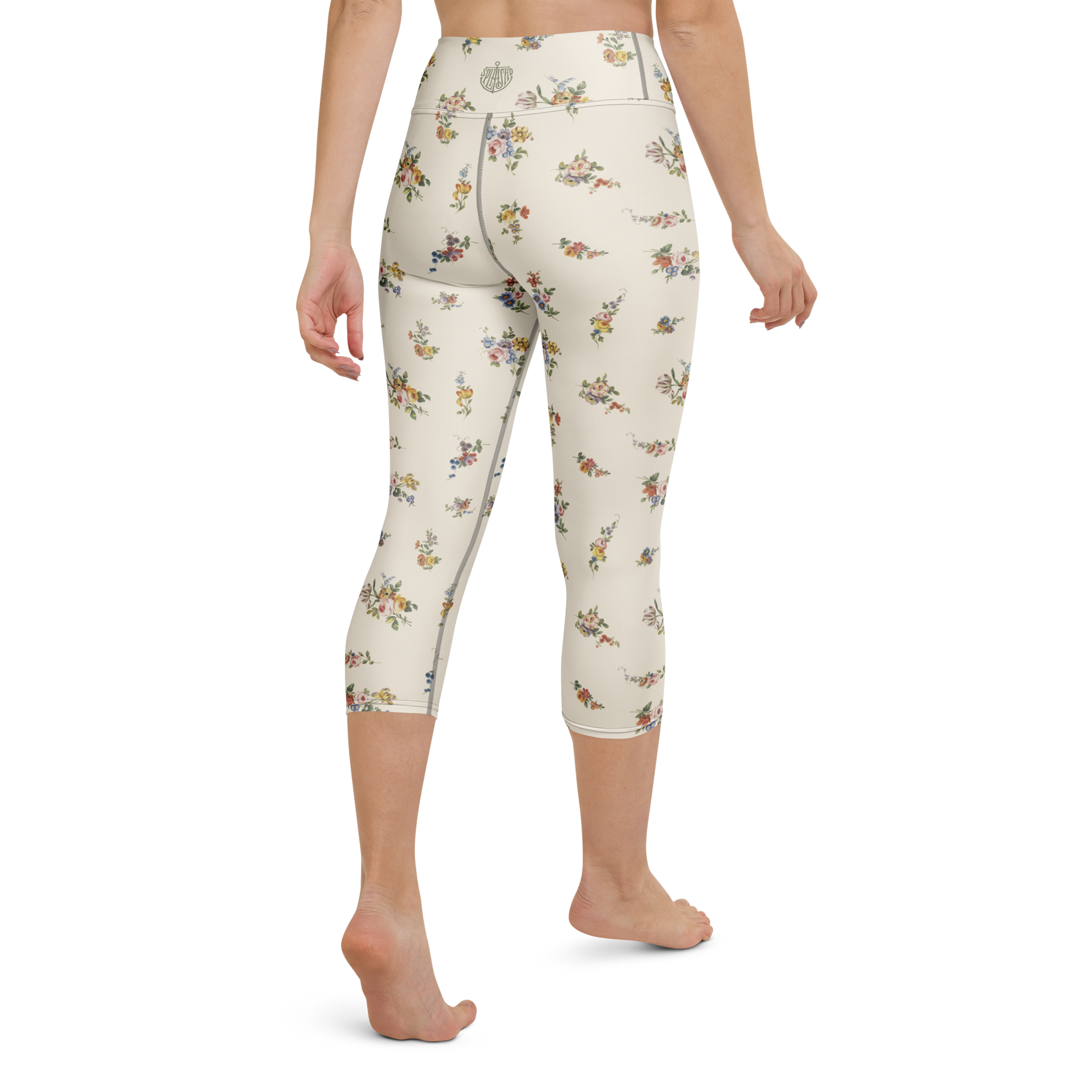 I Lilac You A Lot Capri Swim Leggings featuring Soft cream background with delicate romantic floral motifs taken from 18th century French porcelain designs in gentle pinks, mauves and lilacs, women’s capri swim leggings in vintage print