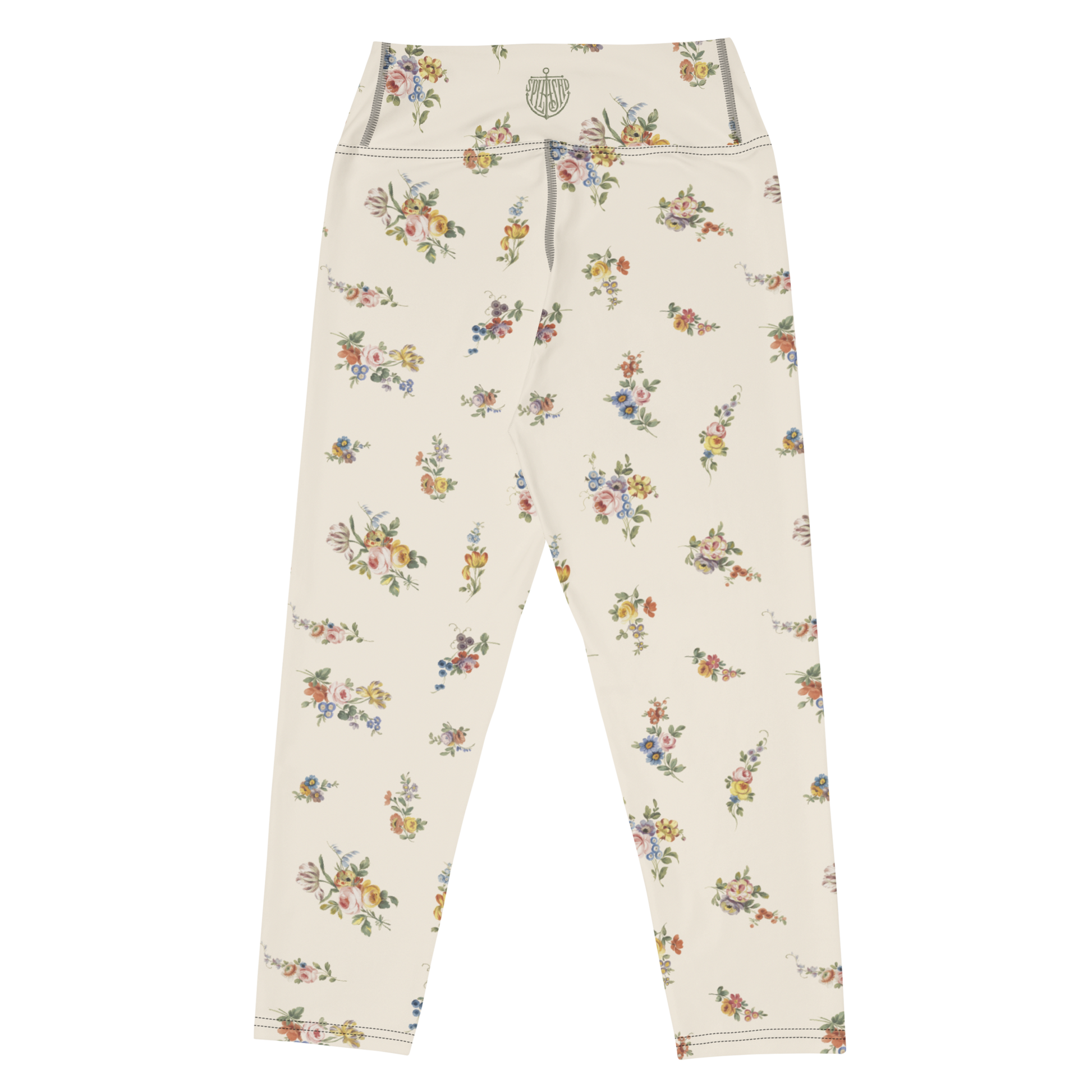 I Lilac You A Lot Capri Swim Leggings featuring Soft cream background with delicate romantic floral motifs taken from 18th century French porcelain designs in gentle pinks, mauves and lilacs, women’s capri swim leggings in vintage print