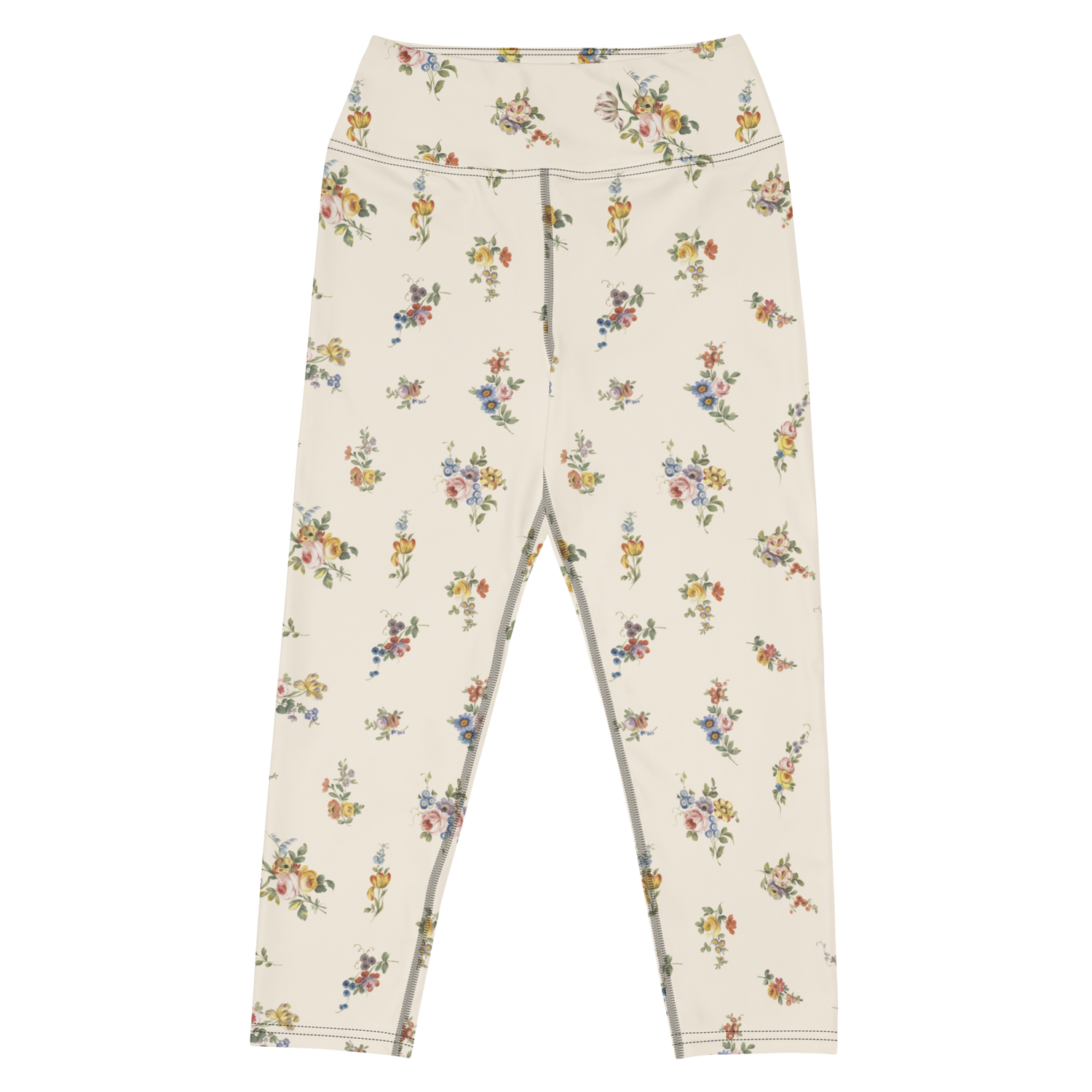 I Lilac You A Lot Capri Swim Leggings featuring Soft cream background with delicate romantic floral motifs taken from 18th century French porcelain designs in gentle pinks, mauves and lilacs, women’s capri swim leggings in vintage print