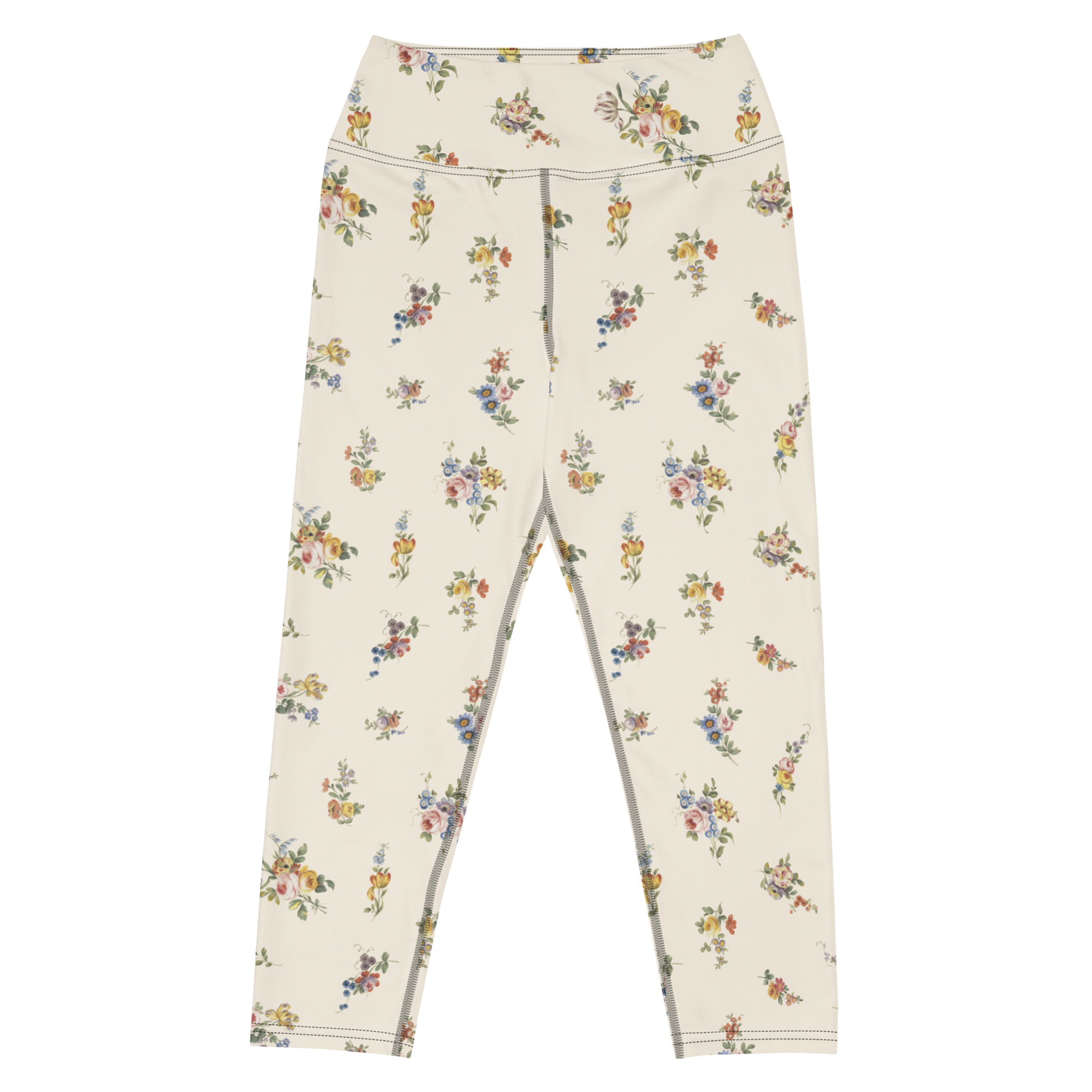 I Lilac You A Lot Capri Swim Leggings featuring Soft cream background with delicate romantic floral motifs taken from 18th century French porcelain designs in gentle pinks, mauves and lilacs, women’s capri swim leggings in vintage print