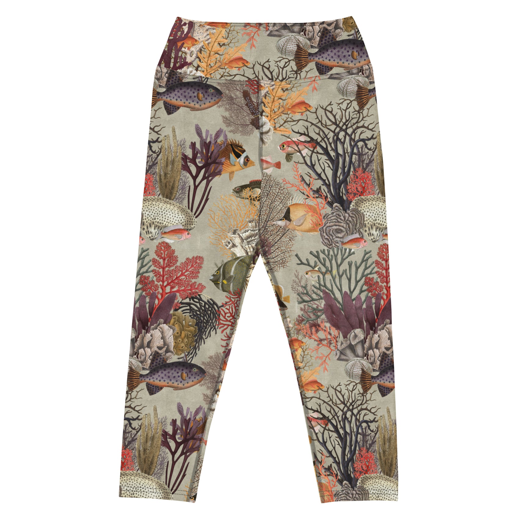 Kelp Calm And Coral On Capri Swim Leggings featuring Moody brown background with layered Victorian marine engravings of coral, kelp and fish in deep purples, reds and burnt oranges, women’s capri swim leggings in vintage print