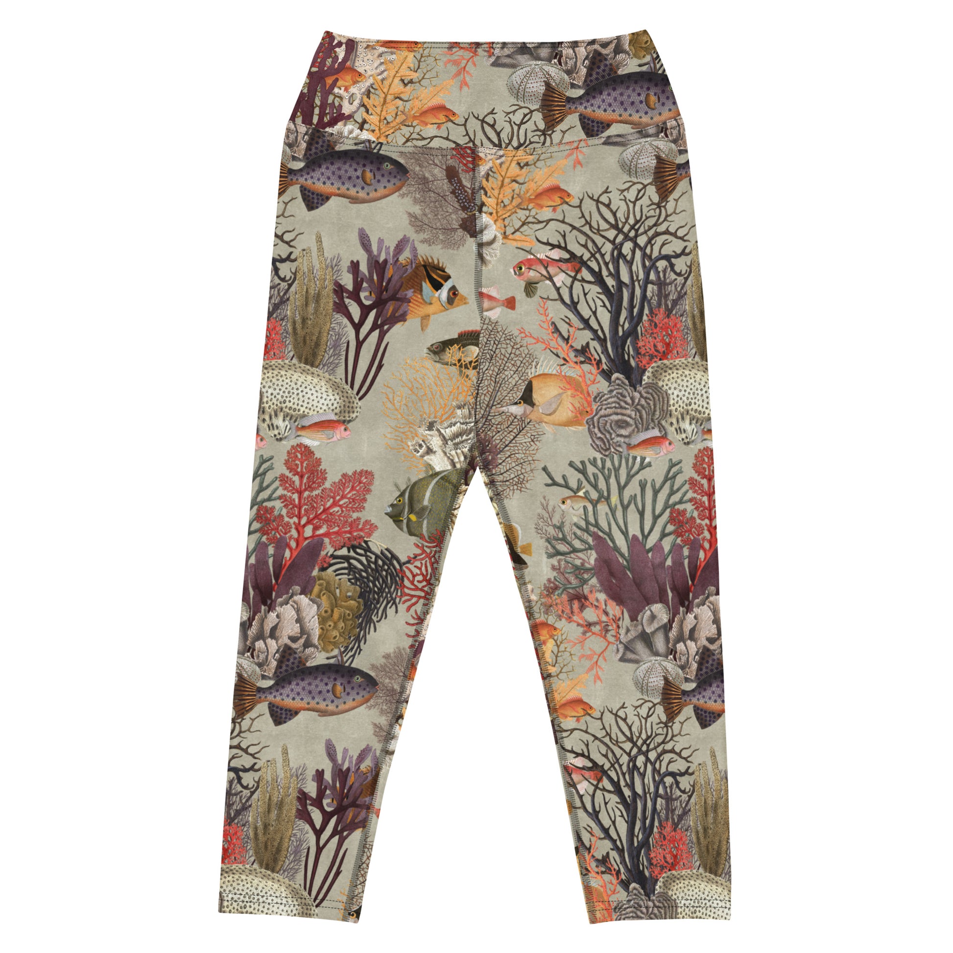 Kelp Calm And Coral On Capri Swim Leggings featuring Moody brown background with layered Victorian marine engravings of coral, kelp and fish in deep purples, reds and burnt oranges, women’s capri swim leggings in vintage print