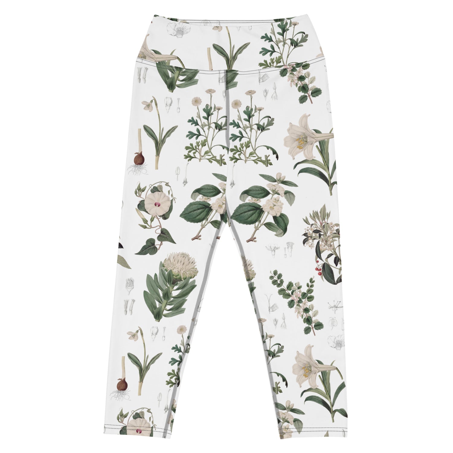 Botany + Clyde Capri Swim Leggings featuring Clean white and green botanical engraving print featuring hand coloured white flowering plants from early 1800s Great Britain in a fresh, peaceful style, women’s capri swim leggings in vintage print
