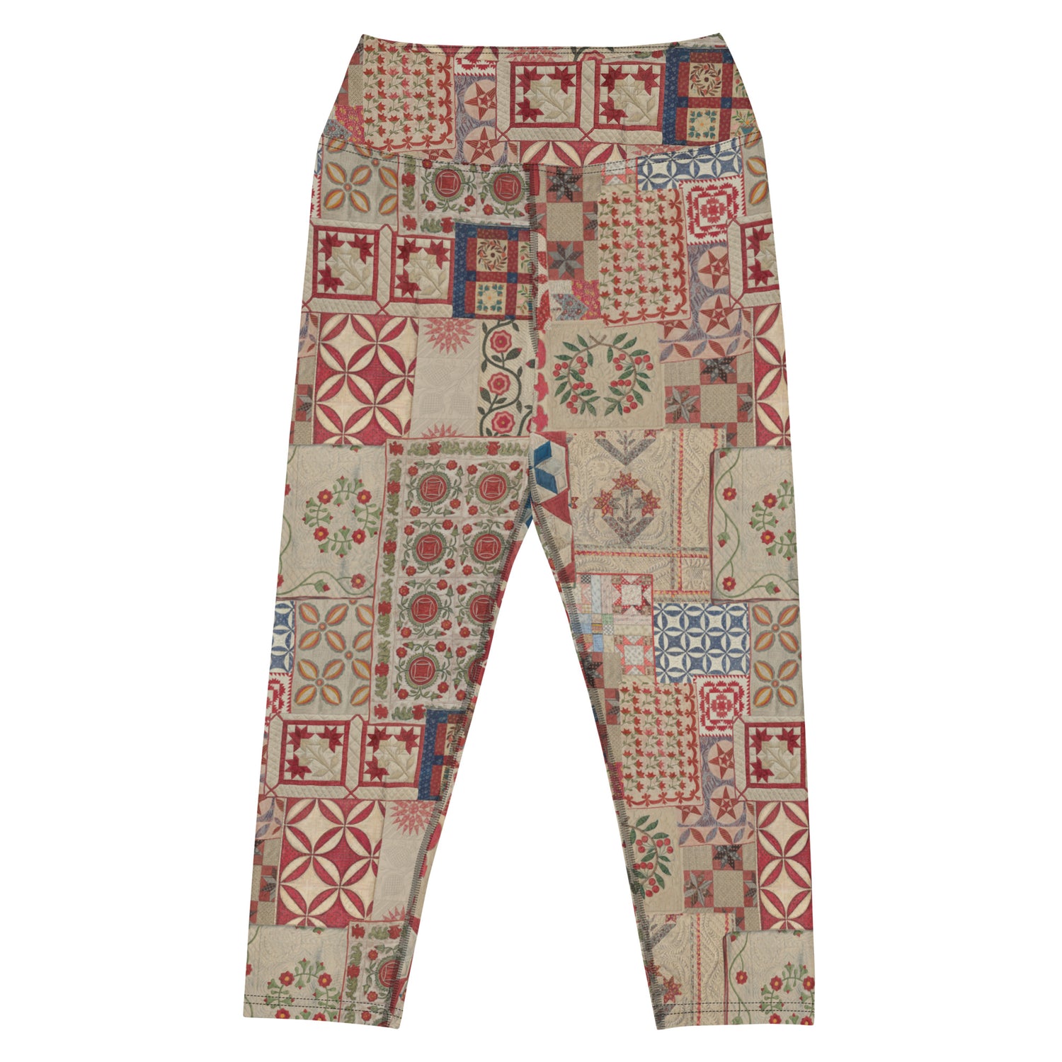 Quilt While You Are Ahead Capri Swim Leggings featuring Rich patchwork repeat pattern in deep reds, blues and warm creams, adapted from 1930s American watercolour documentation of traditional folk quilts, women’s capri swim leggings