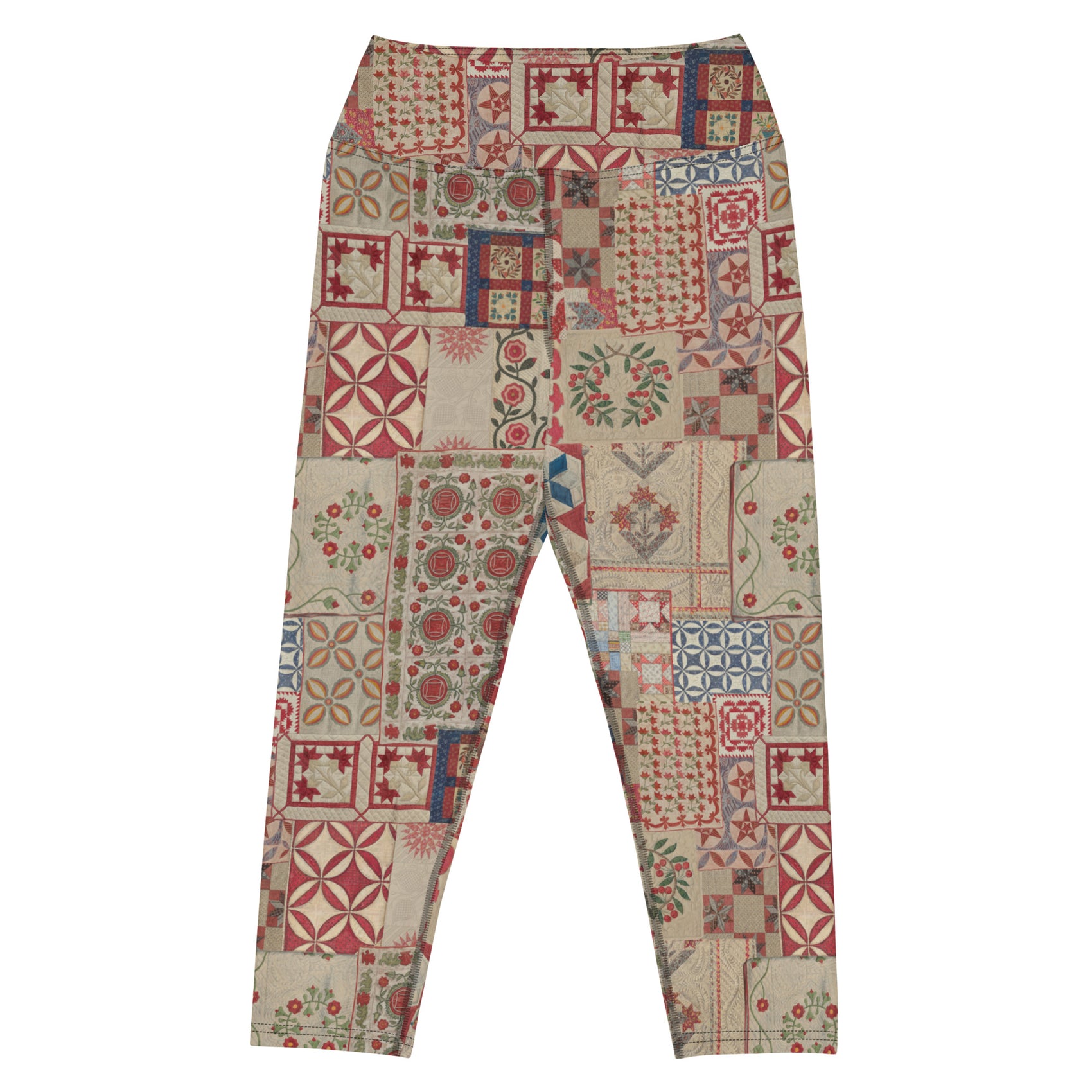 Quilt While You Are Ahead Capri Swim Leggings featuring Rich patchwork repeat pattern in deep reds, blues and warm creams, adapted from 1930s American watercolour documentation of traditional folk quilts, women’s capri swim leggings