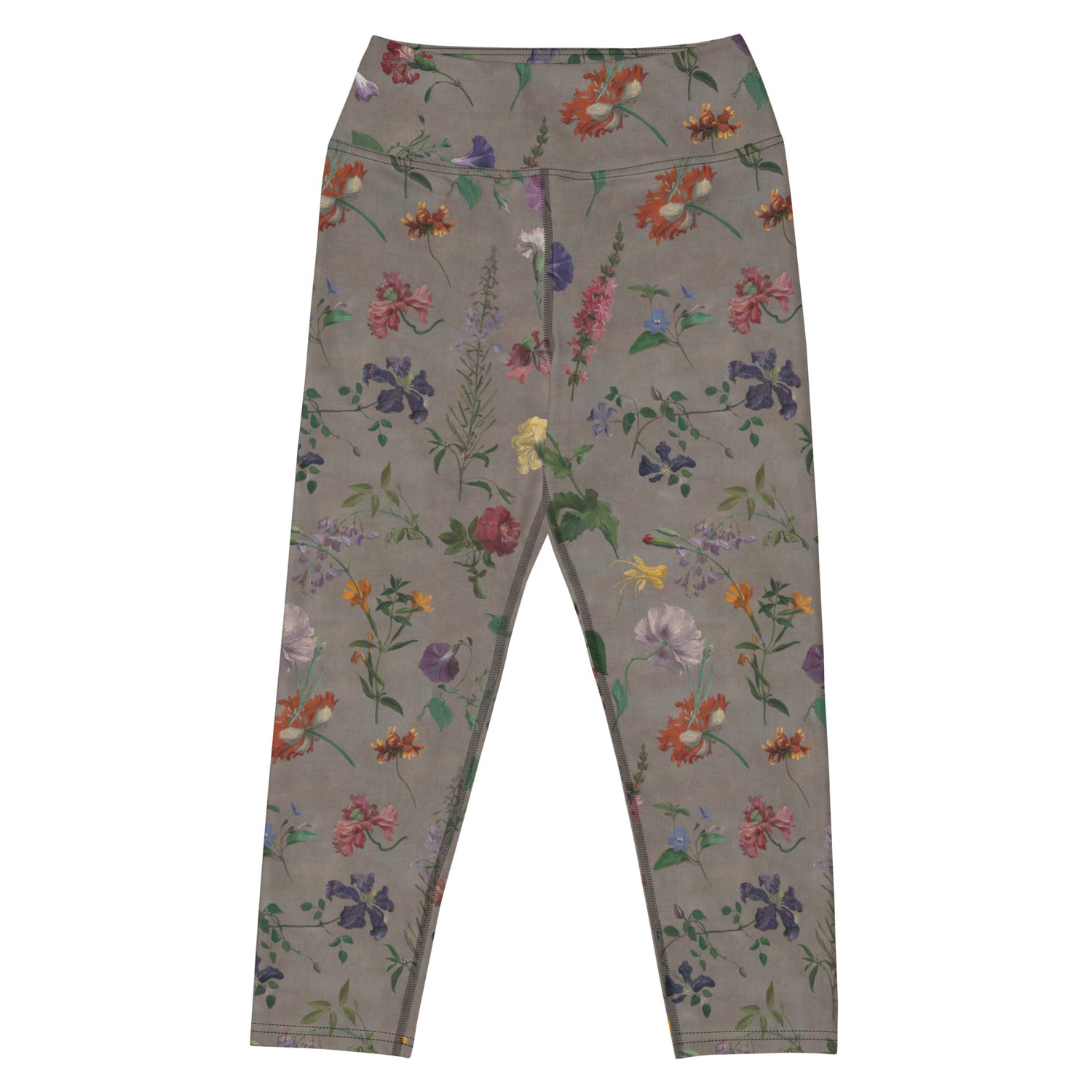 What In Carnation Capri Swim Leggings featuring Dark moody background with vibrant wild botanical oil painting illustrations of poppies, morning glories and carnations in rich, dramatic colours, women’s capri swim leggings