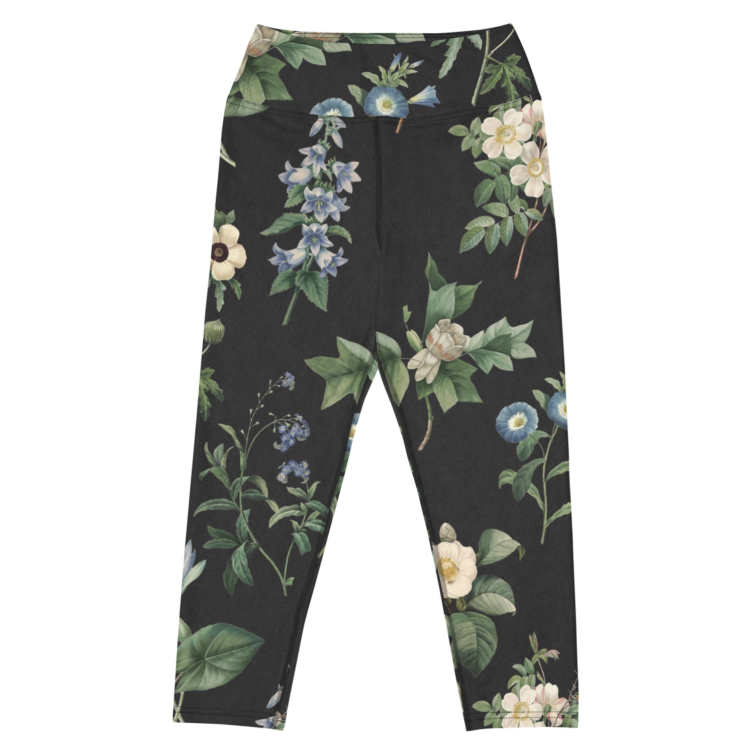 I Beg Your Garden Blue Capri Swim Leggings featuring Striking black background with curated blue and white botanical illustrations by Pierre-Joseph Redouté, the celebrated 19th century court botanical painter, women’s capri swim leggings