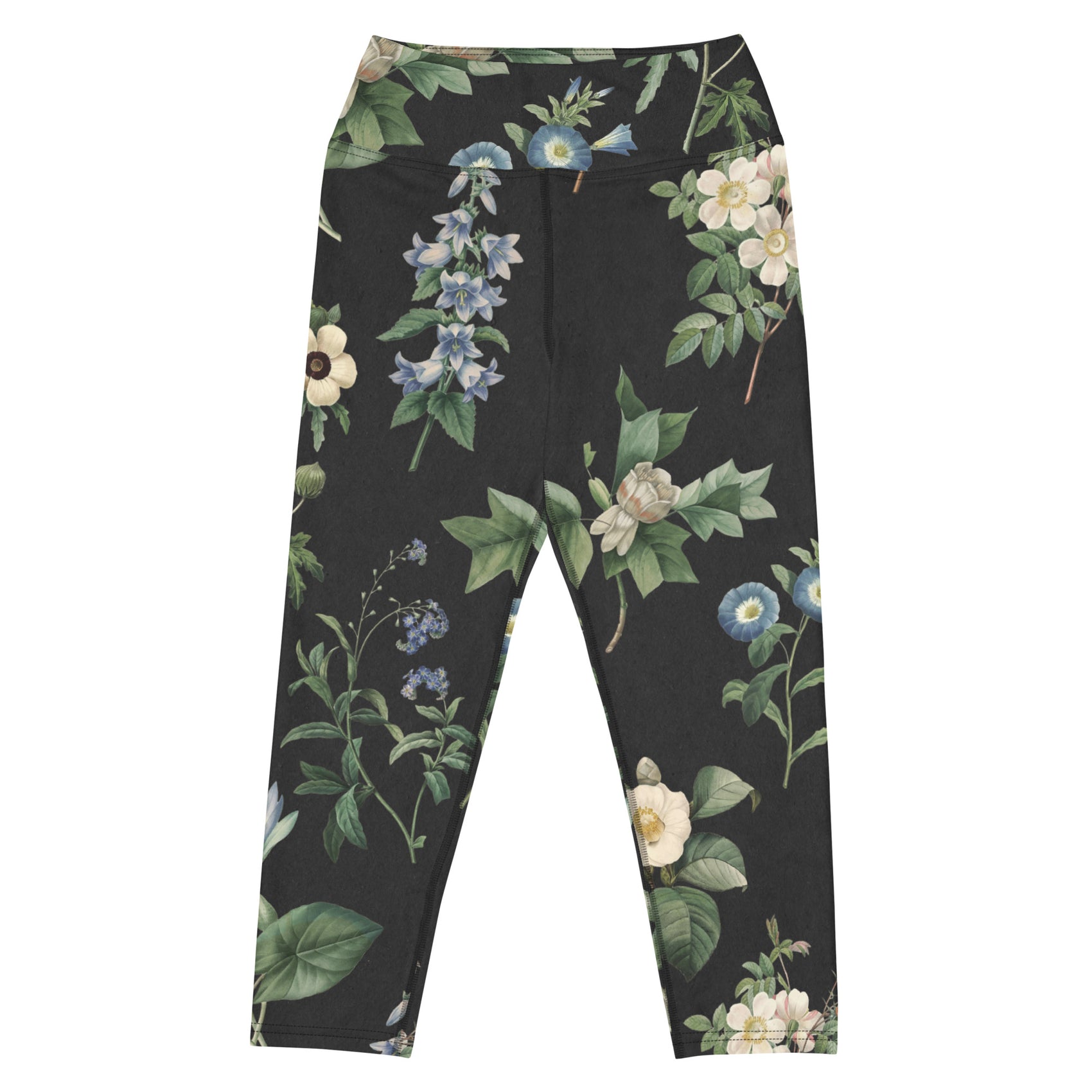 I Beg Your Garden Blue Capri Swim Leggings featuring Striking black background with curated blue and white botanical illustrations by Pierre-Joseph Redouté, the celebrated 19th century court botanical painter, women’s capri swim leggings