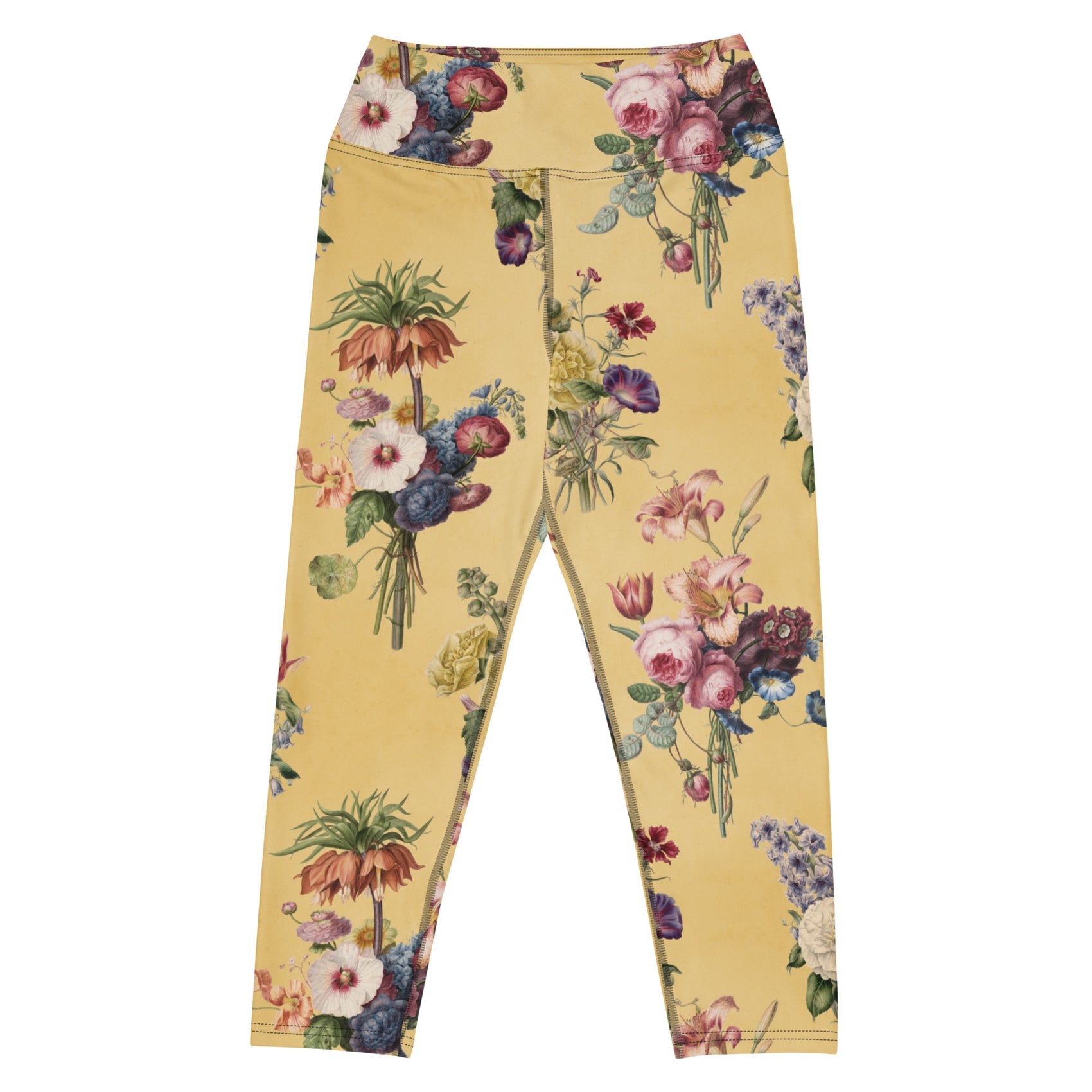 Let's Do Bunch! Capri Swim Leggings featuring Warm butter yellow background with abundant, richly coloured Dutch Master watercolour floral bouquets in a joyful, overflowing repeat pattern, women’s capri swim leggings